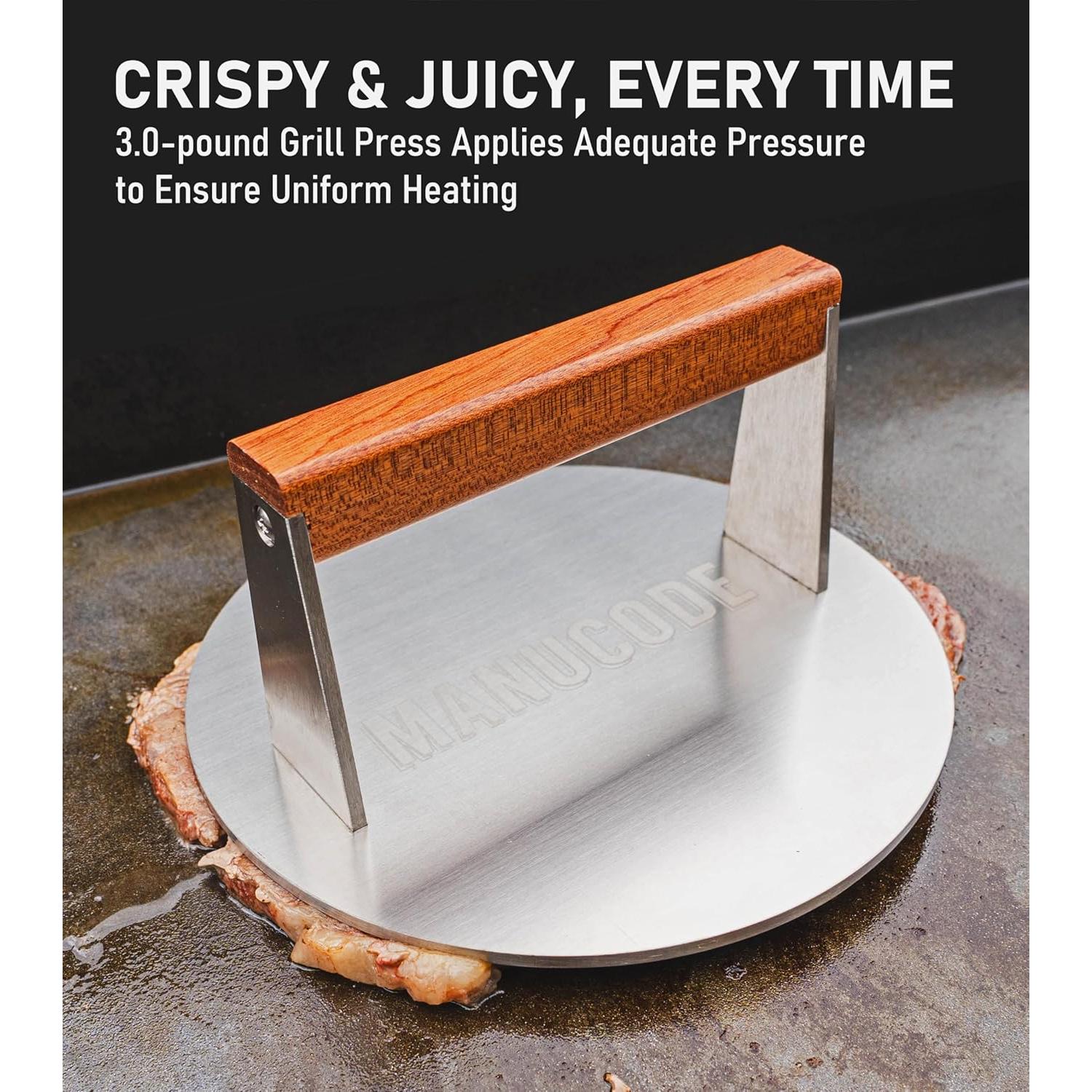 Prensa para Hamburguesas 20 cm Manucode Acero Inoxidable 1.4 kg