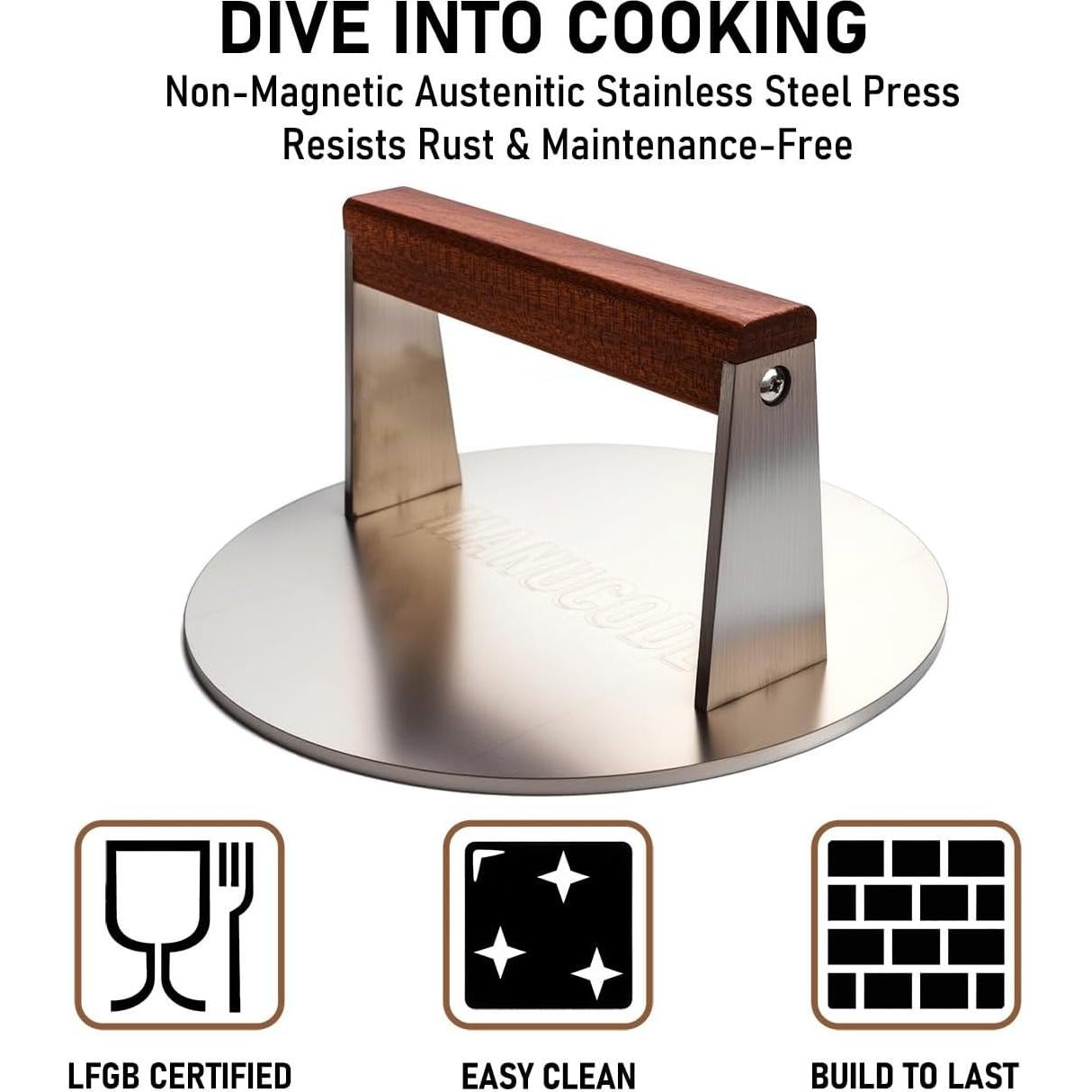 Prensa para Hamburguesas 20 cm Manucode Acero Inoxidable 1.4 kg