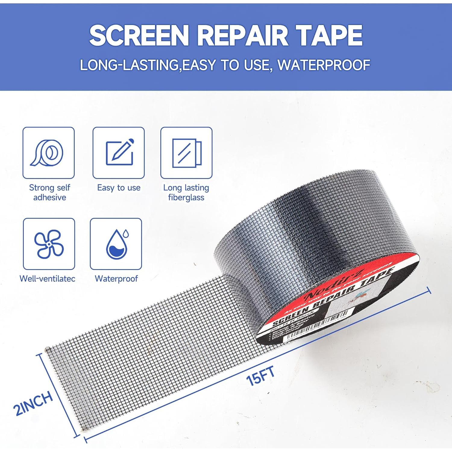 Window Screen Repair Tape, 2 in X 15 FT(180IN) Screen Rrepair Kit for Windows or Doors, Strong Adhesive Screen Patch Repair Kit Mesh Repair (Black, 15 FT)