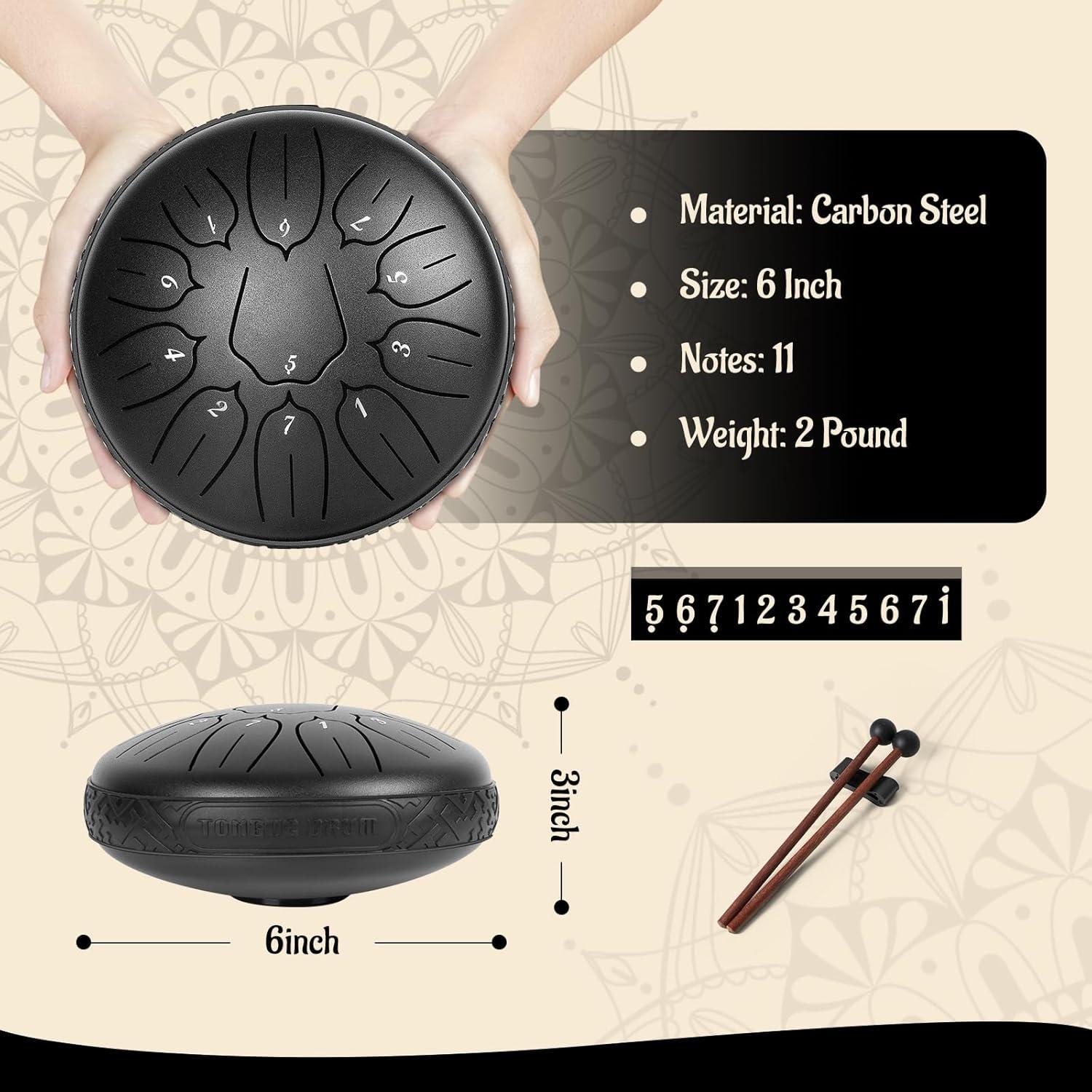 Tambor de Acero 15 cm 11 Notas Negro para Meditación y Yoga