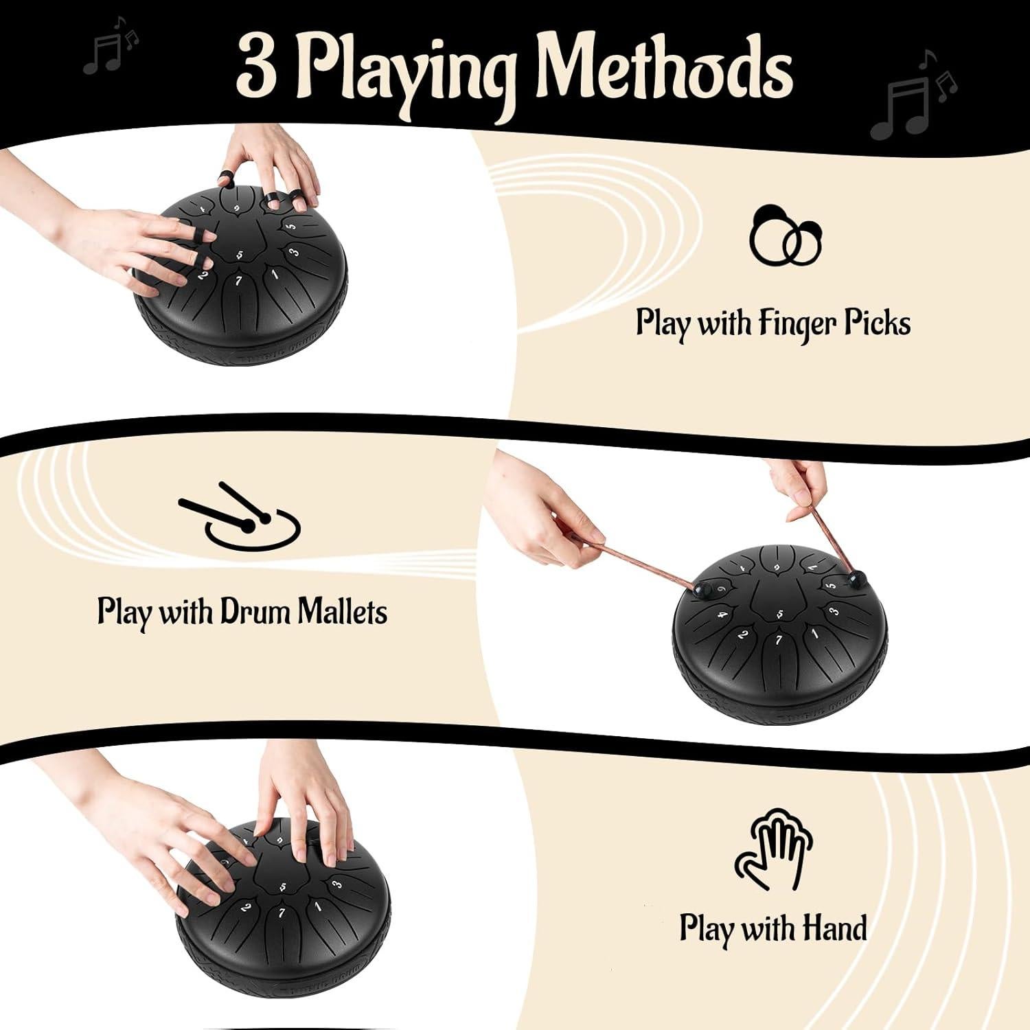 Tambor de Acero 15 cm 11 Notas Negro para Meditación y Yoga