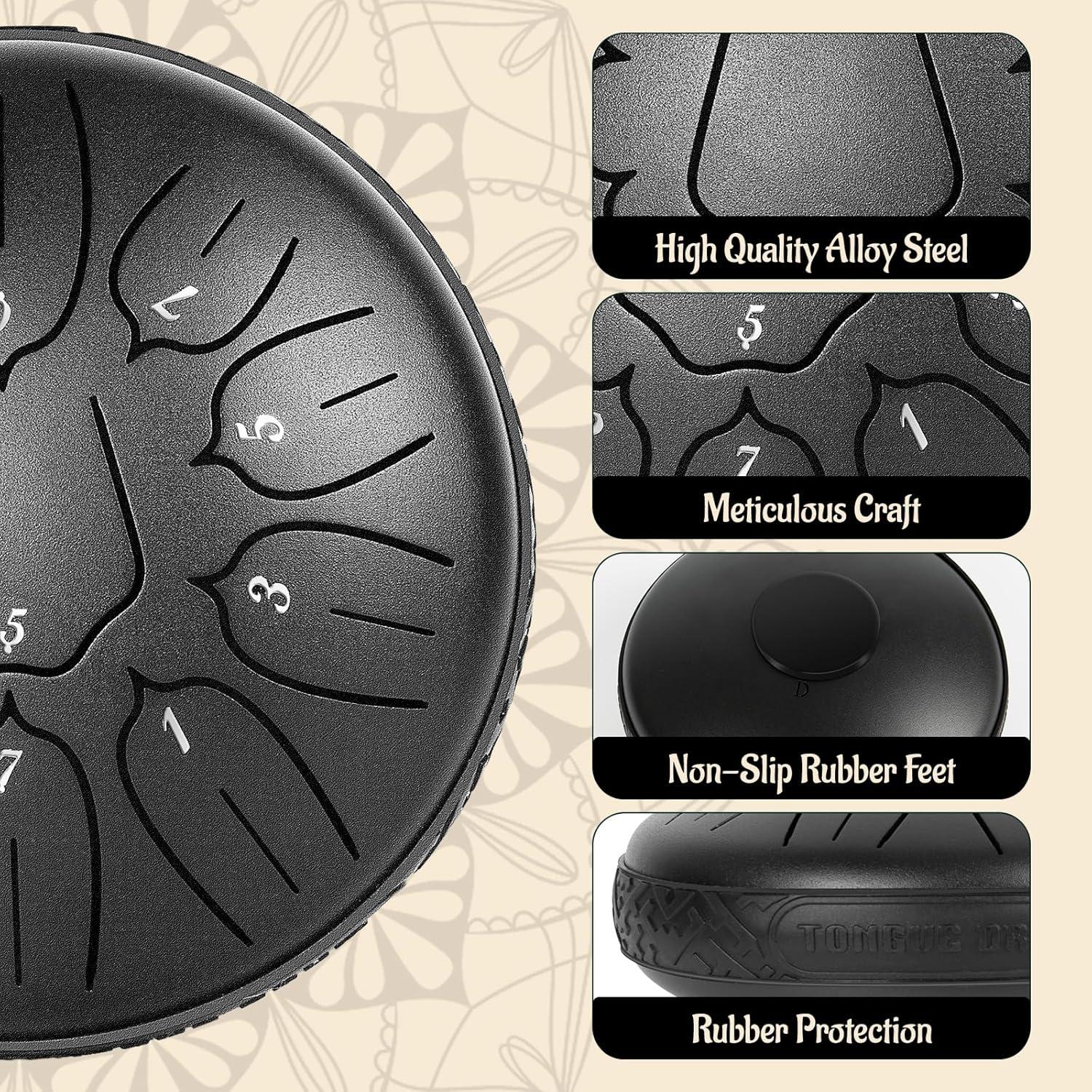 Tambor de Acero 15 cm 11 Notas Negro para Meditación y Yoga