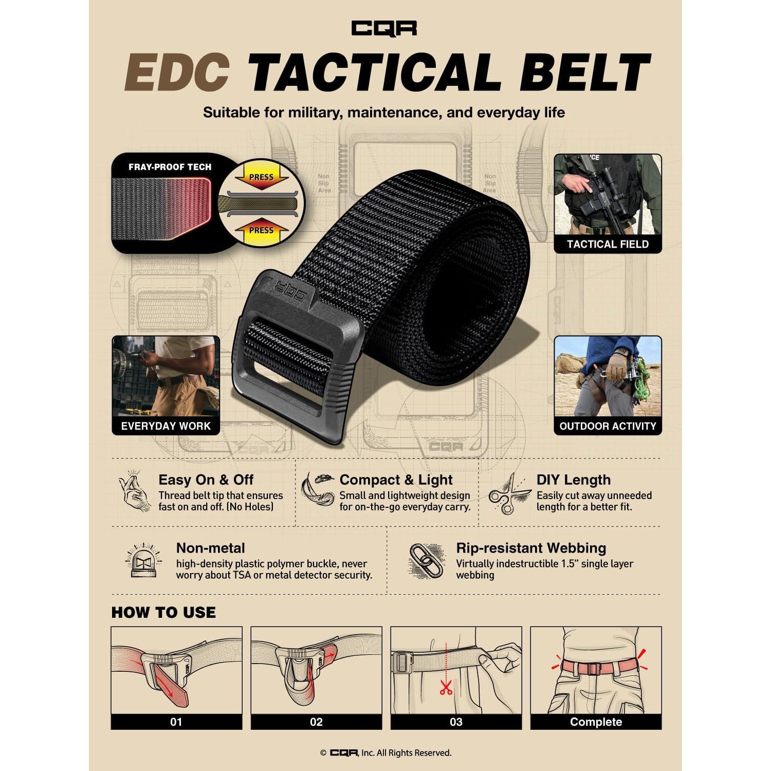 Cinturón Táctico CQR Militar Ajustable Negro EDC