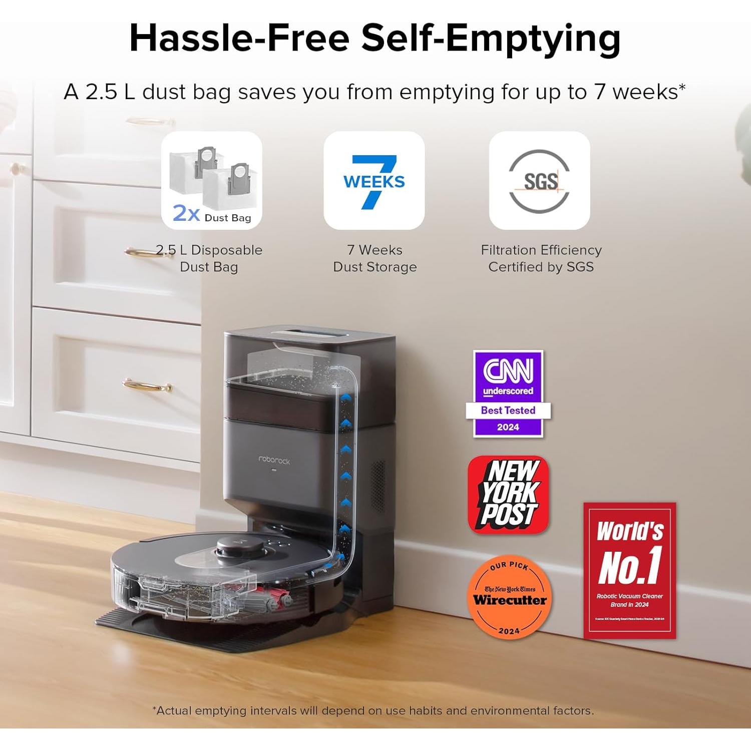 roborock Q5 Max+ Robot Vacuum with Self-Empty Dock, Upgraded from Q5+, 5500 Pa Suction, DuoRoller Brush, Hands-Free Cleaning for up to 7 Weeks, PreciSense LiDAR Navigation, App & Voice Control