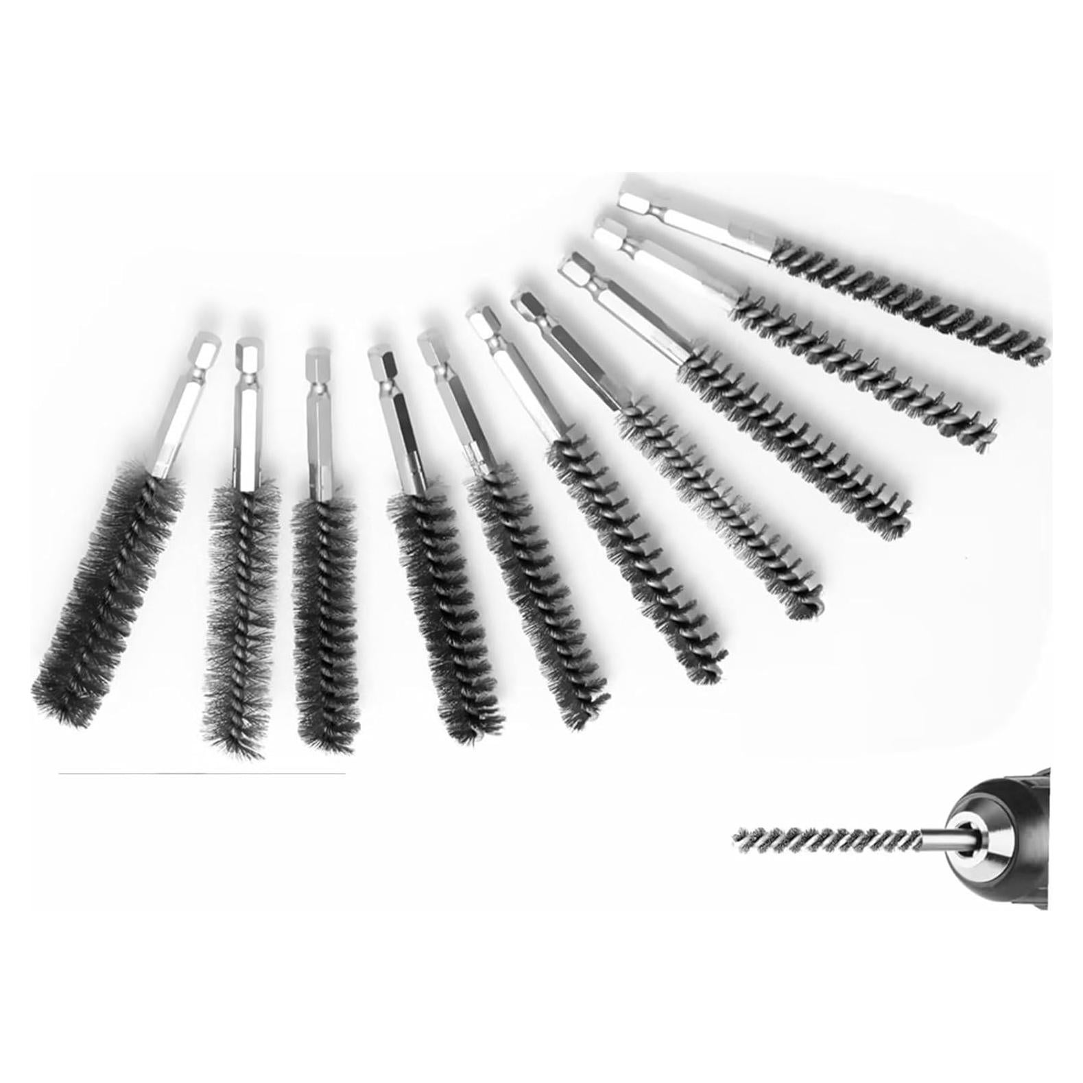 Stainless-Steel Bore Brush for Drill,Wire Brush Set for Power Drill with 1/4-in Hex Shaft,Metal Cleaning Brushes with Stainless-Steel bristles(10-Size Set)