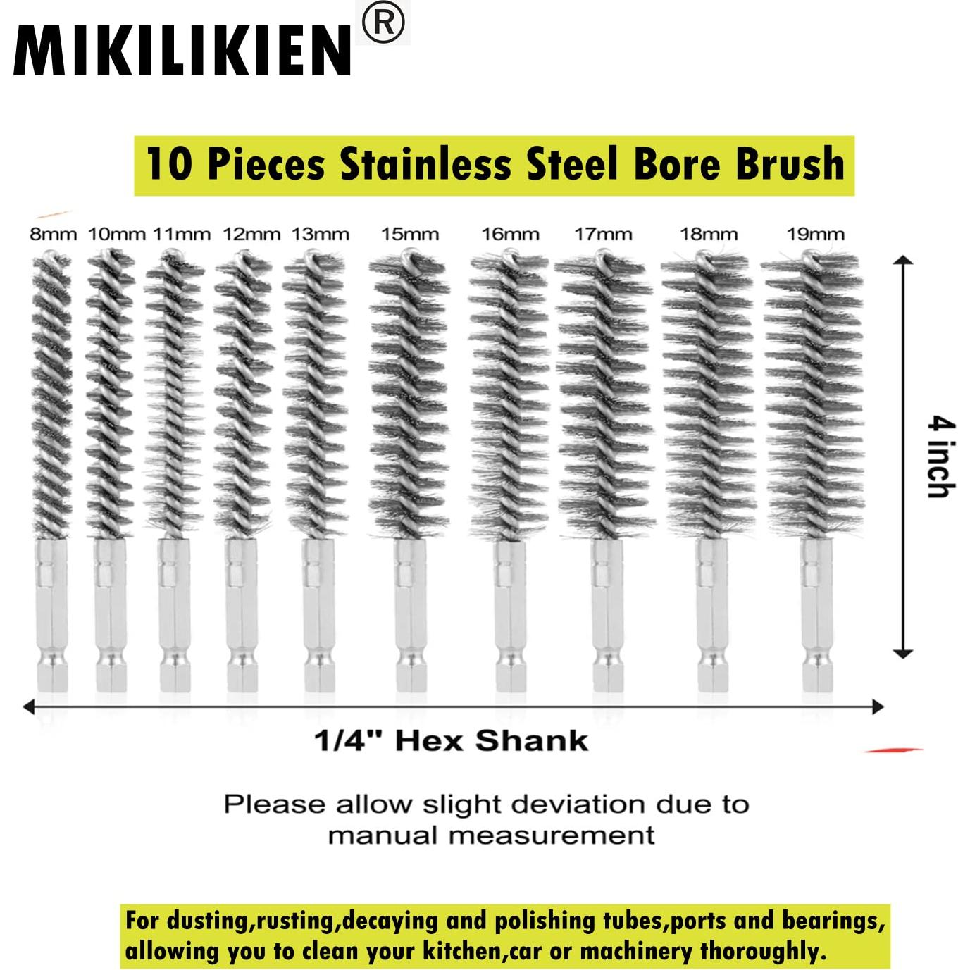 Stainless-Steel Bore Brush for Drill,Wire Brush Set for Power Drill with 1/4-in Hex Shaft,Metal Cleaning Brushes with Stainless-Steel bristles(10-Size Set)