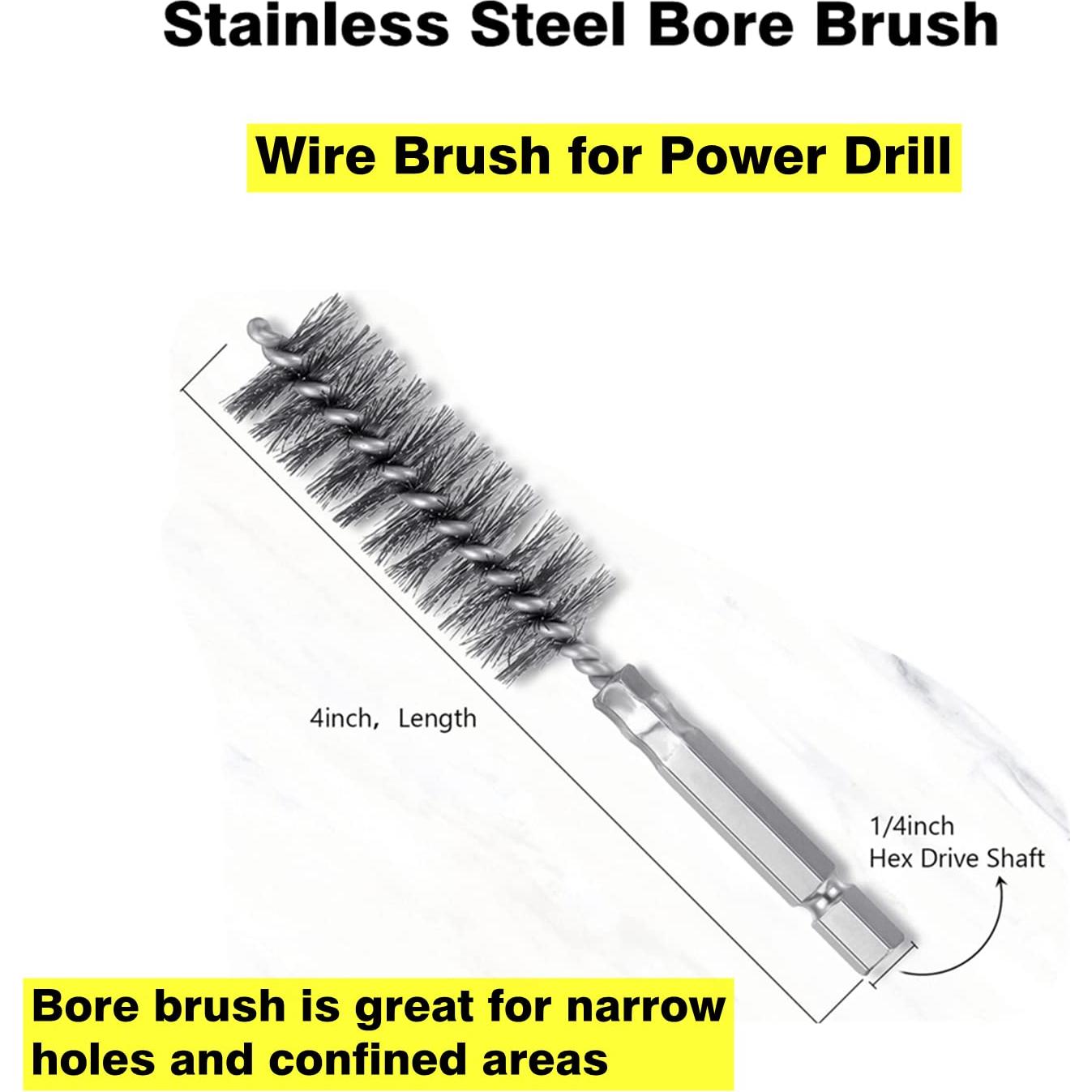 Stainless-Steel Bore Brush for Drill,Wire Brush Set for Power Drill with 1/4-in Hex Shaft,Metal Cleaning Brushes with Stainless-Steel bristles(10-Size Set)