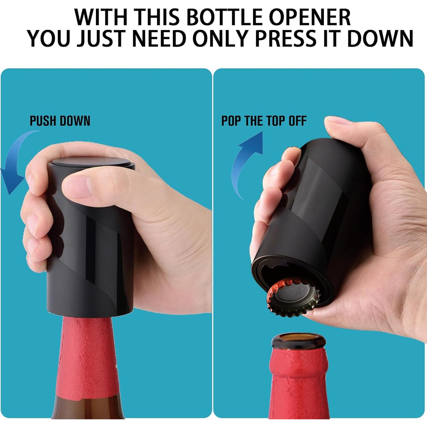 2 PACK Push Down-Pop Off Beer Bottle Opener with Magnetic Cap Catcher No Damage to Caps,Automatic Decapitator Beer/Soda Magnet Bottle Top Openers,One-Hand Easy/Funny Open,Cool Bartender Tools (Black)