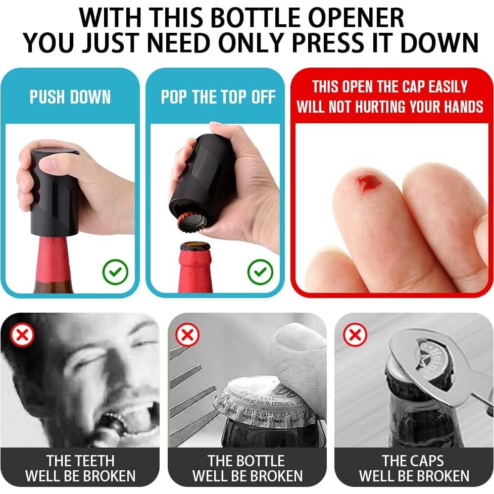 2 PACK Push Down-Pop Off Beer Bottle Opener with Magnetic Cap Catcher No Damage to Caps,Automatic Decapitator Beer/Soda Magnet Bottle Top Openers,One-Hand Easy/Funny Open,Cool Bartender Tools (Black)