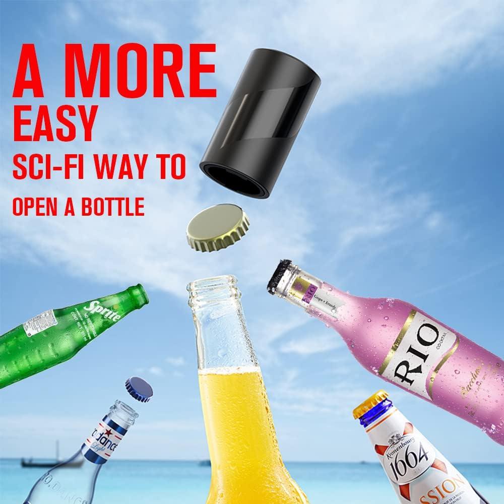 2 PACK Push Down-Pop Off Beer Bottle Opener with Magnetic Cap Catcher No Damage to Caps,Automatic Decapitator Beer/Soda Magnet Bottle Top Openers,One-Hand Easy/Funny Open,Cool Bartender Tools (Black)