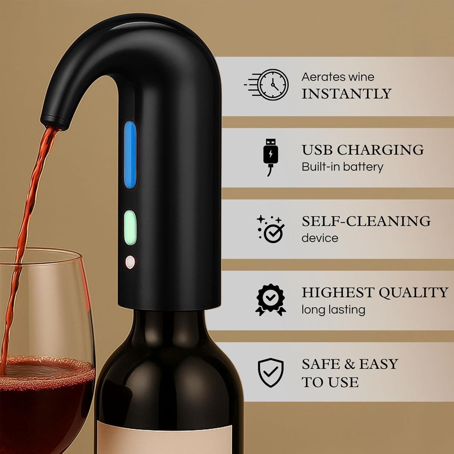 Electric Wine Aerator Dispenser Opener - Portable Accessory - Red & White Wines, Touch Activated Aeration For Wine and Spirit - Beginner and Enthusiast - Spout Pourer - Wine Gifts (BLACK)