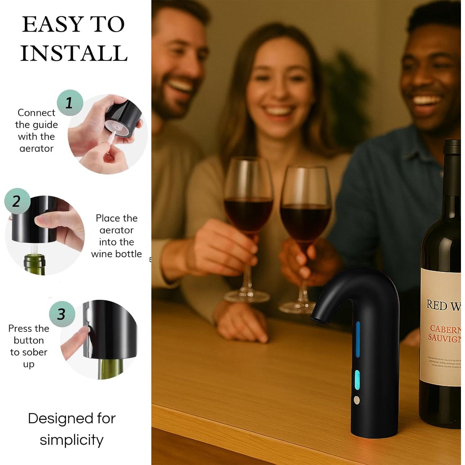 Electric Wine Aerator Dispenser Opener - Portable Accessory - Red & White Wines, Touch Activated Aeration For Wine and Spirit - Beginner and Enthusiast - Spout Pourer - Wine Gifts (BLACK)