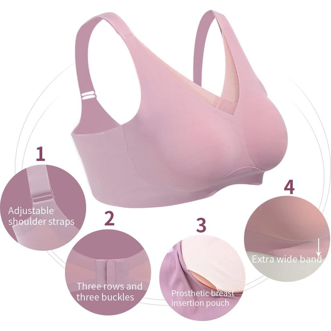 Sostén Mastectomía Sin Costuras Rosa 38 con Bolsillos