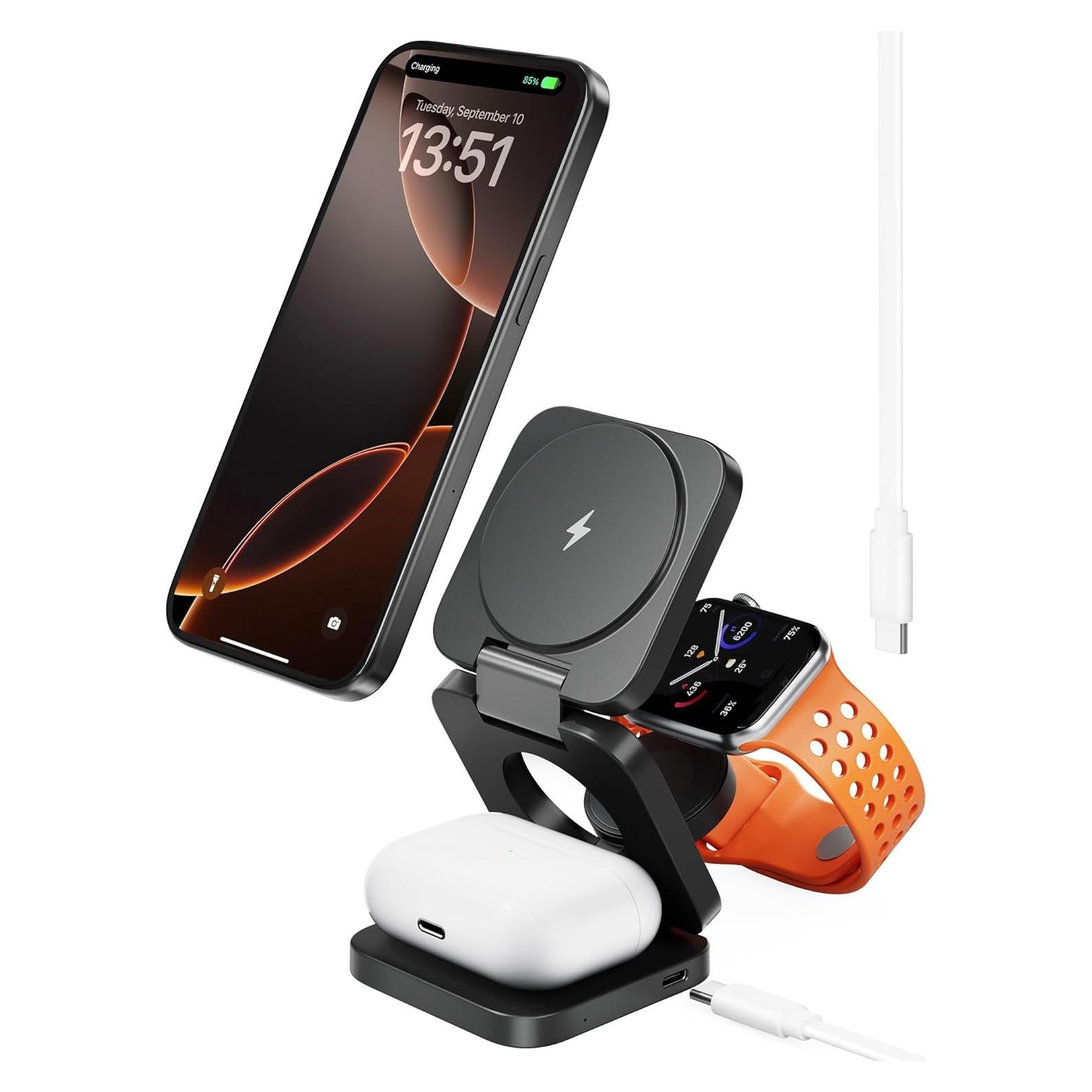 Antank 3 in 1 Charging Station for Apple, Magnetic Foldable Wireless Charger Stand, Portable Travel Charger for iPhone 16 15 14 13 12 Series, AirPods 3/2/Pro, Apple Watch Ultra/SE/9/8/7/6/5/4/3/2/1