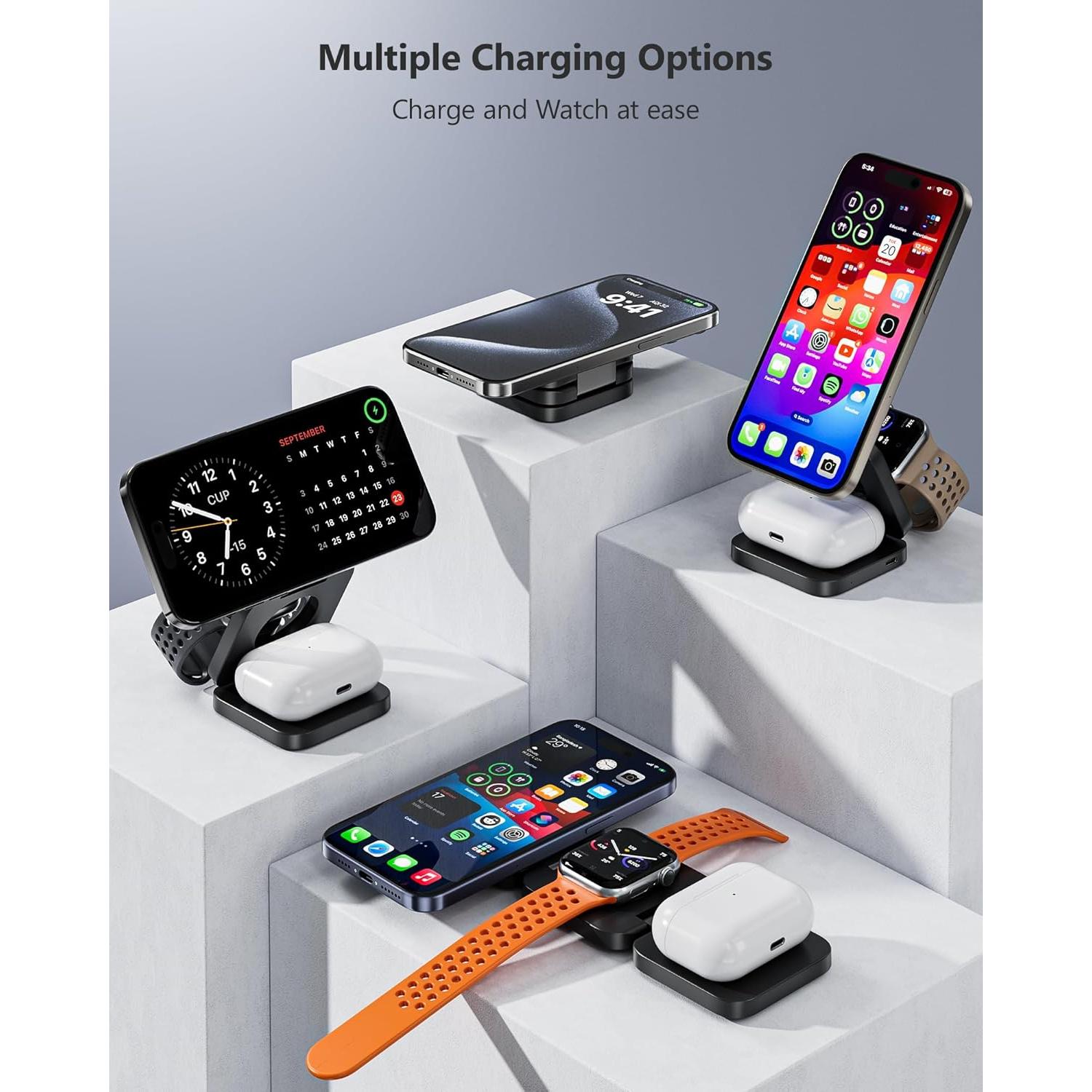 Antank 3 in 1 Charging Station for Apple, Magnetic Foldable Wireless Charger Stand, Portable Travel Charger for iPhone 16 15 14 13 12 Series, AirPods 3/2/Pro, Apple Watch Ultra/SE/9/8/7/6/5/4/3/2/1