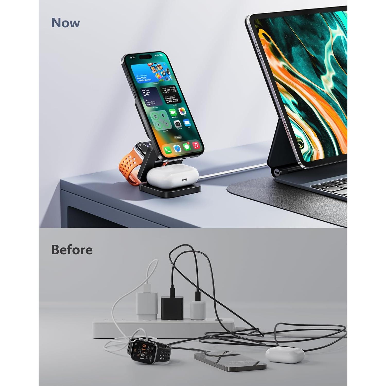 Antank 3 in 1 Charging Station for Apple, Magnetic Foldable Wireless Charger Stand, Portable Travel Charger for iPhone 16 15 14 13 12 Series, AirPods 3/2/Pro, Apple Watch Ultra/SE/9/8/7/6/5/4/3/2/1