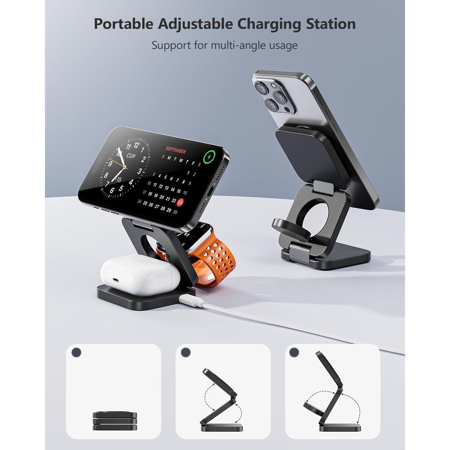 Antank 3 in 1 Charging Station for Apple, Magnetic Foldable Wireless Charger Stand, Portable Travel Charger for iPhone 16 15 14 13 12 Series, AirPods 3/2/Pro, Apple Watch Ultra/SE/9/8/7/6/5/4/3/2/1