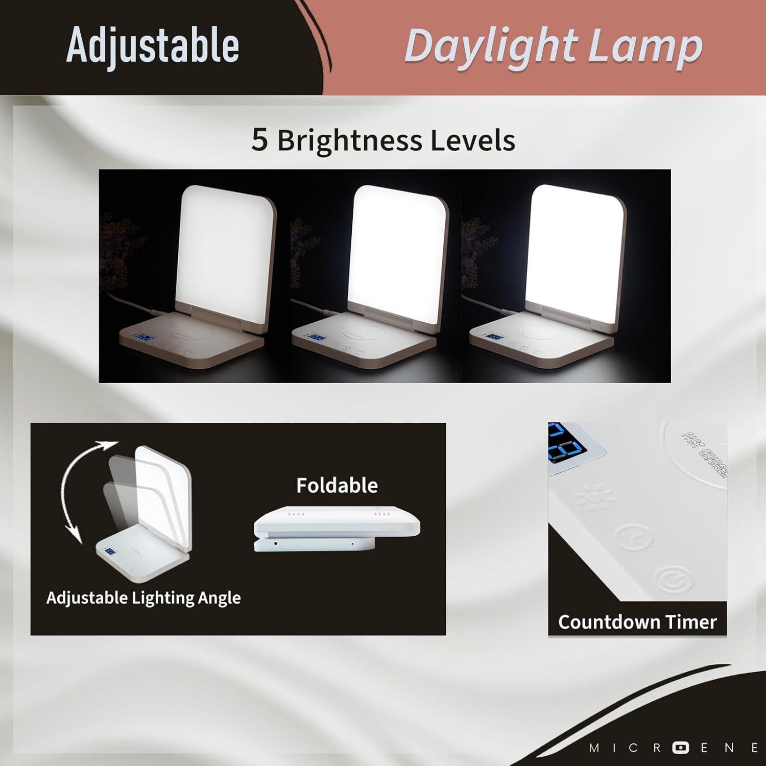 Lámpara LED Microene 10,000 Lux Cargador Inalámbrico 2 en 1