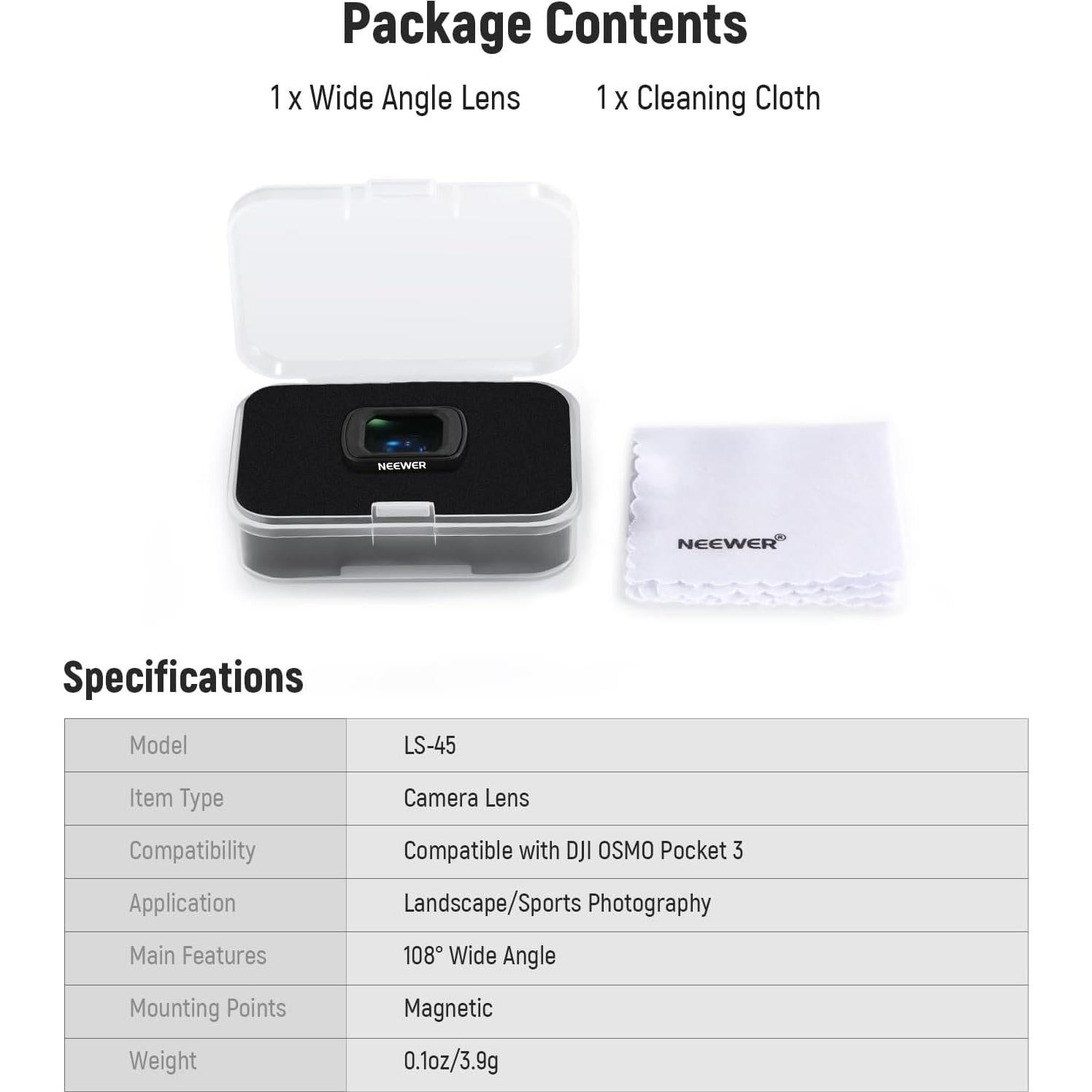 NEEWER 0.75X Wide Angle Lens Compatible with DJI OSMO Pocket 3 Creator Combo Accessories, Expanded FOV of 108°, Magnetic Coated Aspherical Action Camera Lens, LS-45