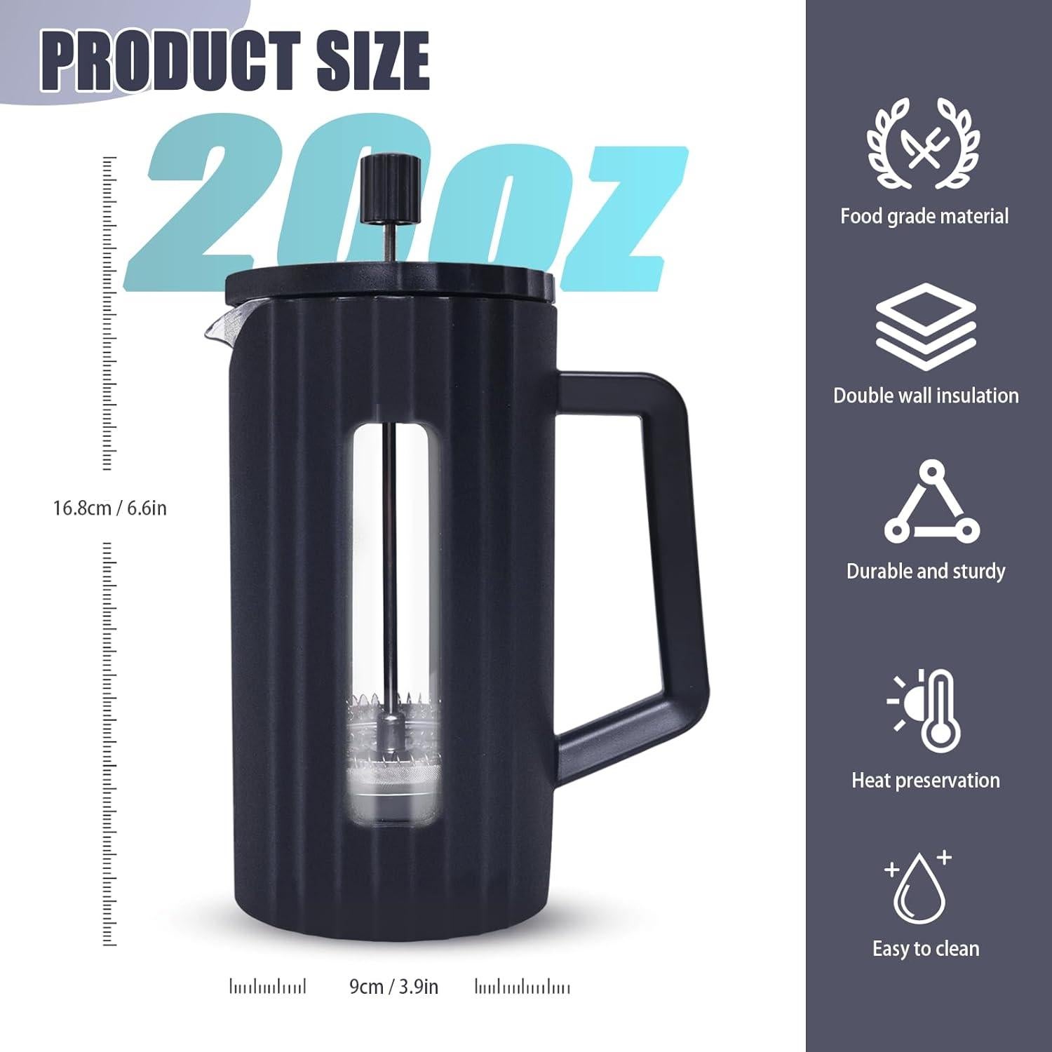 Prensa Francesa TheJze 20 oz Vidrio Borosilicato Negro