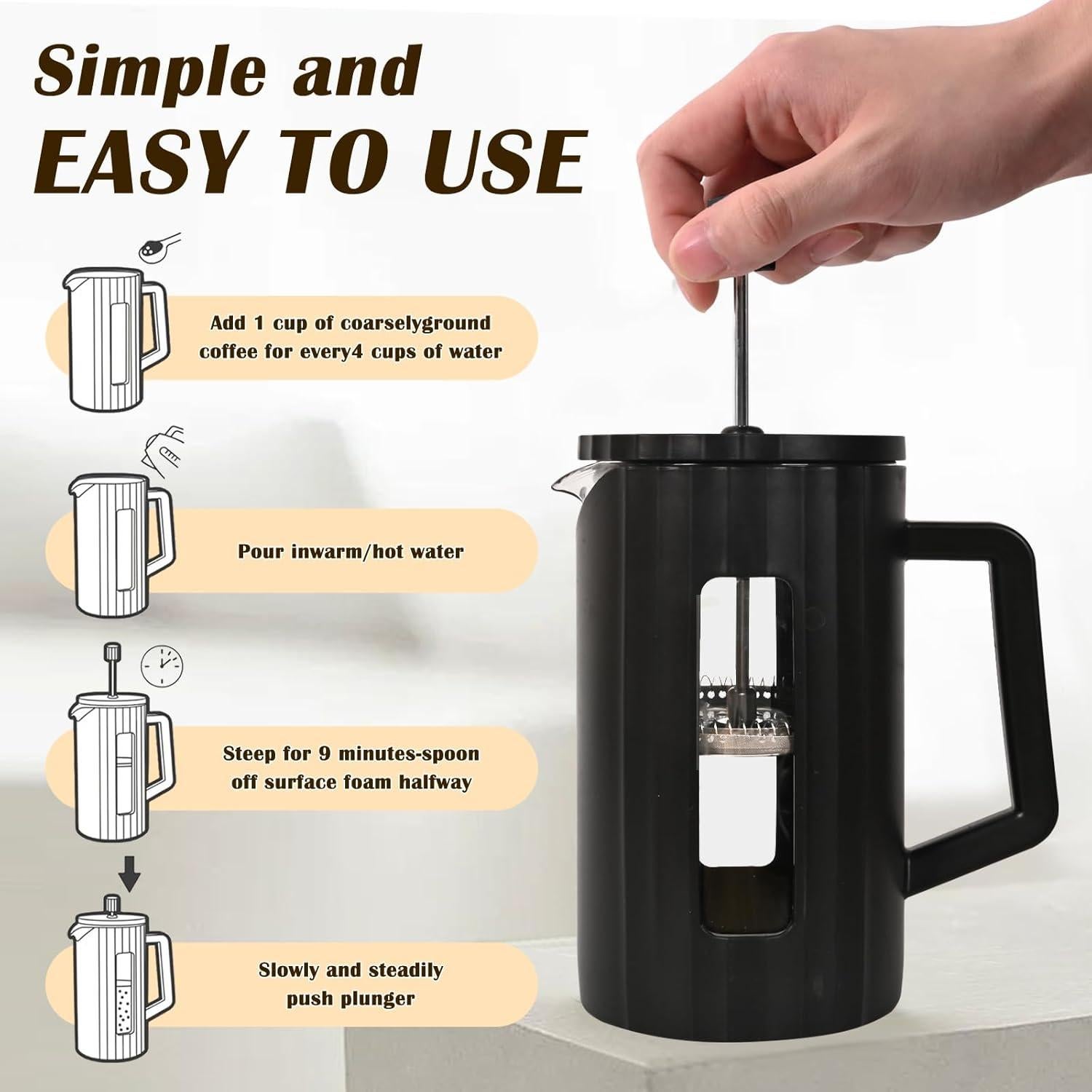 Prensa Francesa TheJze 20 oz Vidrio Borosilicato Negro