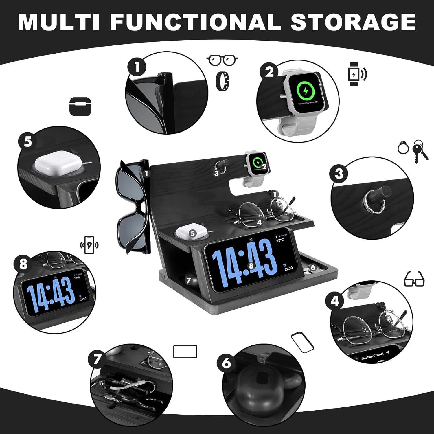 Soporte de Carga 3-en-1 AliveByte para iPhone 16, Madera