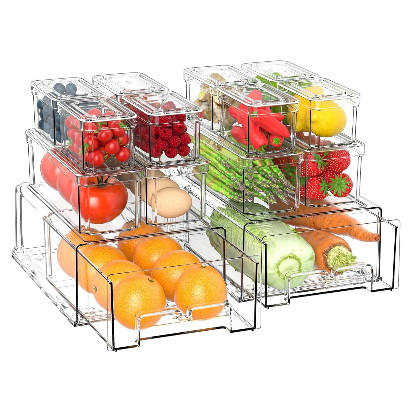 Refrigerator Organizers and Storage - 14 Pack Clear Fridge Organizer Bins with Lids and Pull Out Drawers, 3 Size Stackable Fruit Storage Containers for Fridge, Keep Fruit and Vegetable Fresh