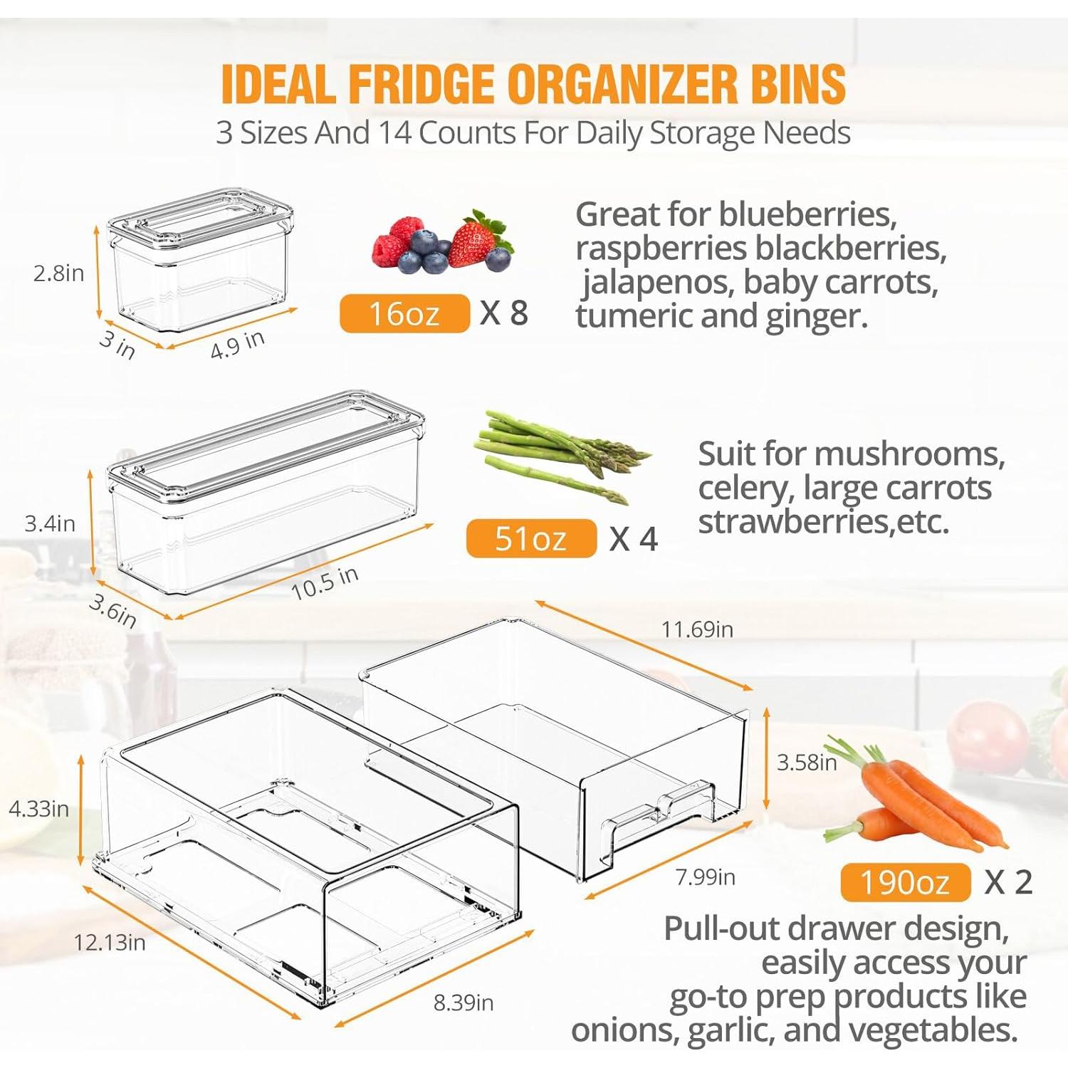 Refrigerator Organizers and Storage - 14 Pack Clear Fridge Organizer Bins with Lids and Pull Out Drawers, 3 Size Stackable Fruit Storage Containers for Fridge, Keep Fruit and Vegetable Fresh
