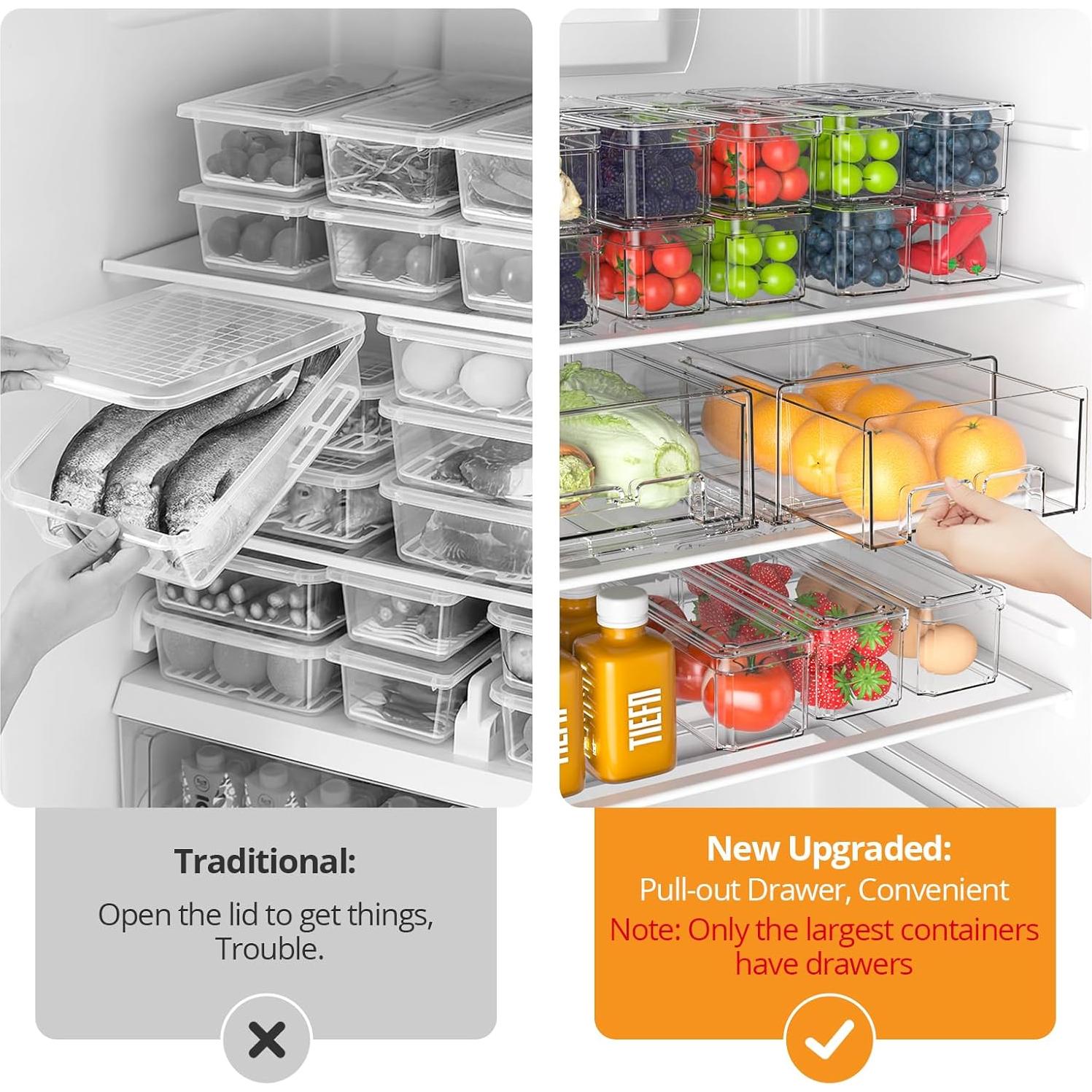 Refrigerator Organizers and Storage - 14 Pack Clear Fridge Organizer Bins with Lids and Pull Out Drawers, 3 Size Stackable Fruit Storage Containers for Fridge, Keep Fruit and Vegetable Fresh