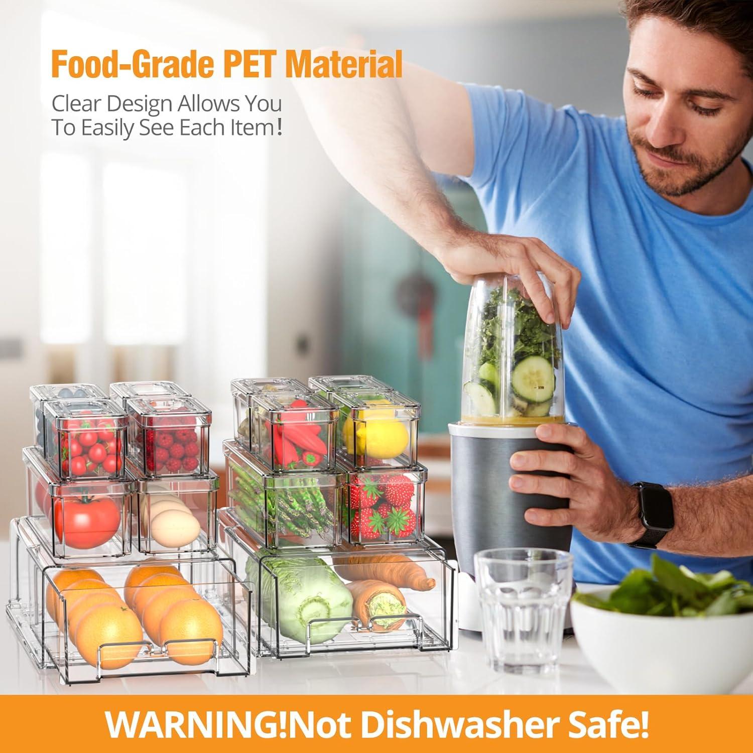 Refrigerator Organizers and Storage - 14 Pack Clear Fridge Organizer Bins with Lids and Pull Out Drawers, 3 Size Stackable Fruit Storage Containers for Fridge, Keep Fruit and Vegetable Fresh