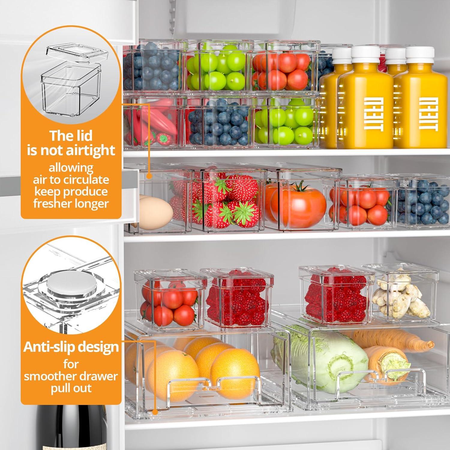Refrigerator Organizers and Storage - 14 Pack Clear Fridge Organizer Bins with Lids and Pull Out Drawers, 3 Size Stackable Fruit Storage Containers for Fridge, Keep Fruit and Vegetable Fresh