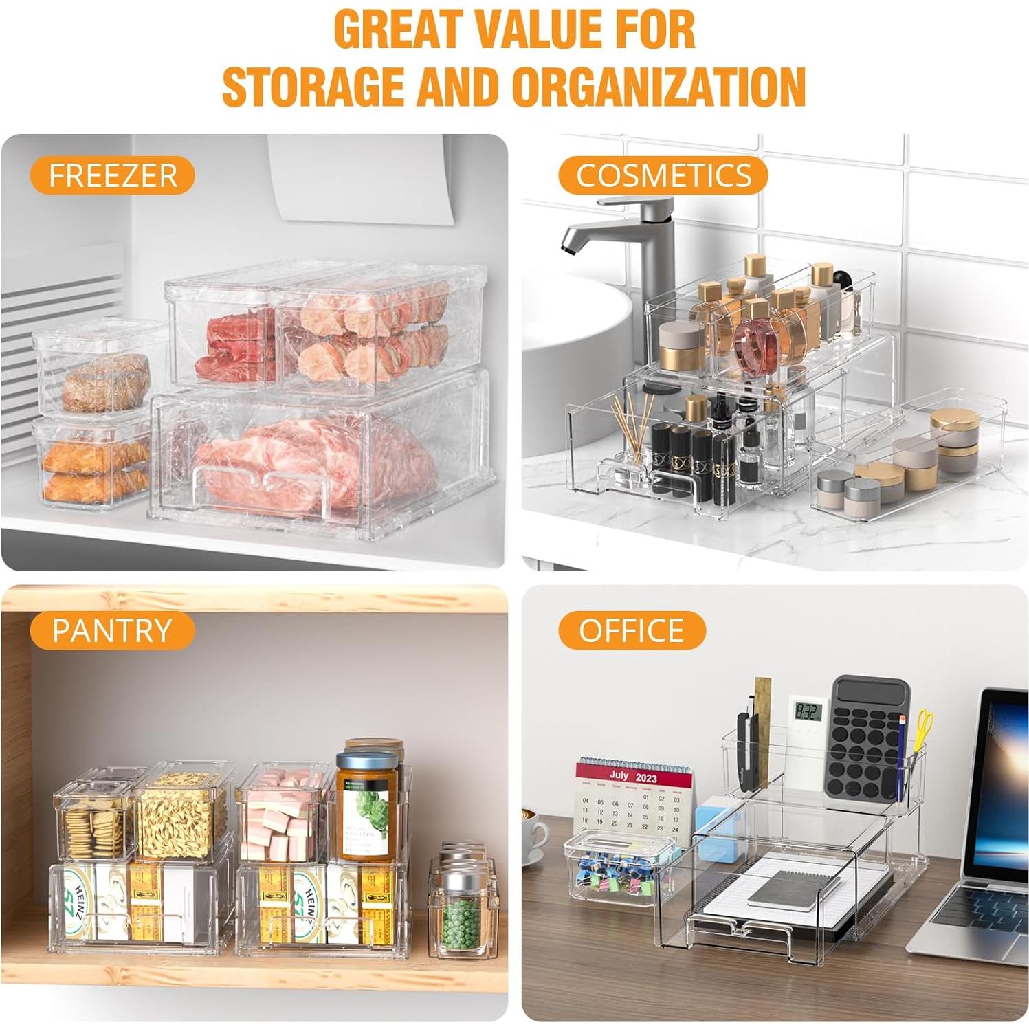 Refrigerator Organizers and Storage - 14 Pack Clear Fridge Organizer Bins with Lids and Pull Out Drawers, 3 Size Stackable Fruit Storage Containers for Fridge, Keep Fruit and Vegetable Fresh