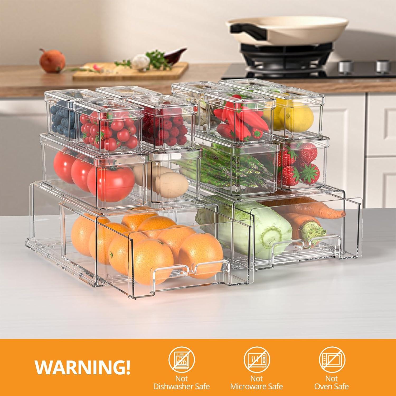 Refrigerator Organizers and Storage - 14 Pack Clear Fridge Organizer Bins with Lids and Pull Out Drawers, 3 Size Stackable Fruit Storage Containers for Fridge, Keep Fruit and Vegetable Fresh