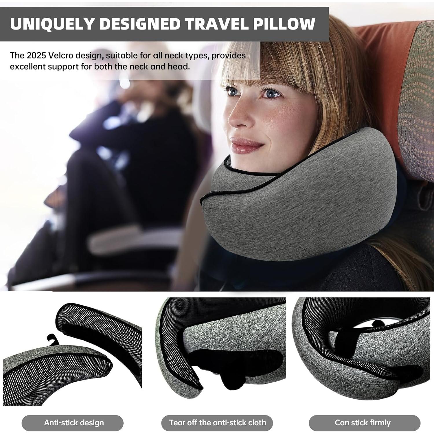 Premium Travel Pillow, 2025 New Memory Foam Airplane Pillow, 360 Degree Support Travel Neck Pillows for Airplanes, Cars, and Home Use, Soft Stowable, Ideal for Adults and Kids (Dark Gray)