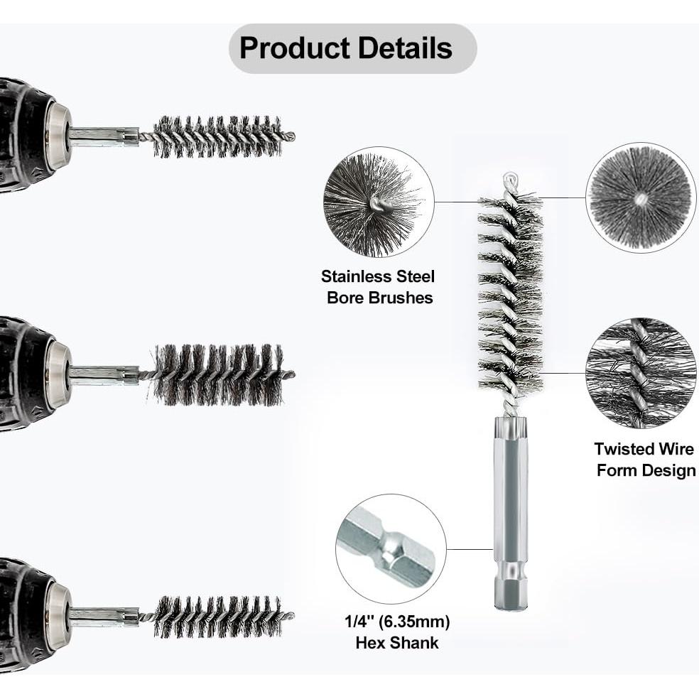 ASNOMY 5Pcs 5/16" Stainless Steel Bore Brush, Bristles Wire Brush Bore Cleaning Brush Set for Power Drill Cleaning, Abrasive Wire Brush Stainless Steel Brush with 1/4" Hex Shank