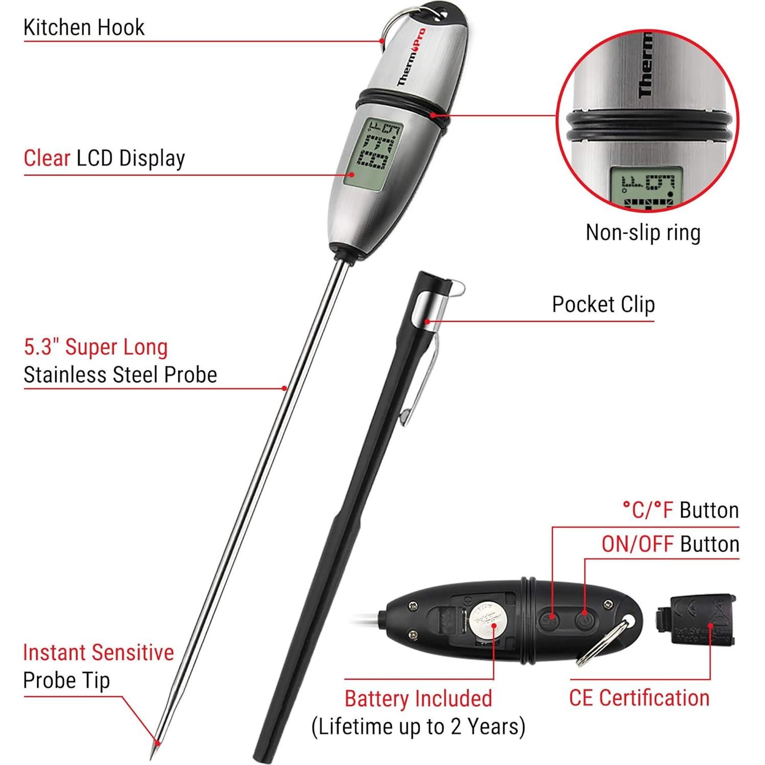 ThermoPro TP02S Digital Food Thermometer for Cooking Bread Baking Sourdough Liquids, Meat Thermometer Digital with Super Long Probe for Grill Candy Kitchen BBQ Oil Milk Yogurt Water Temperature