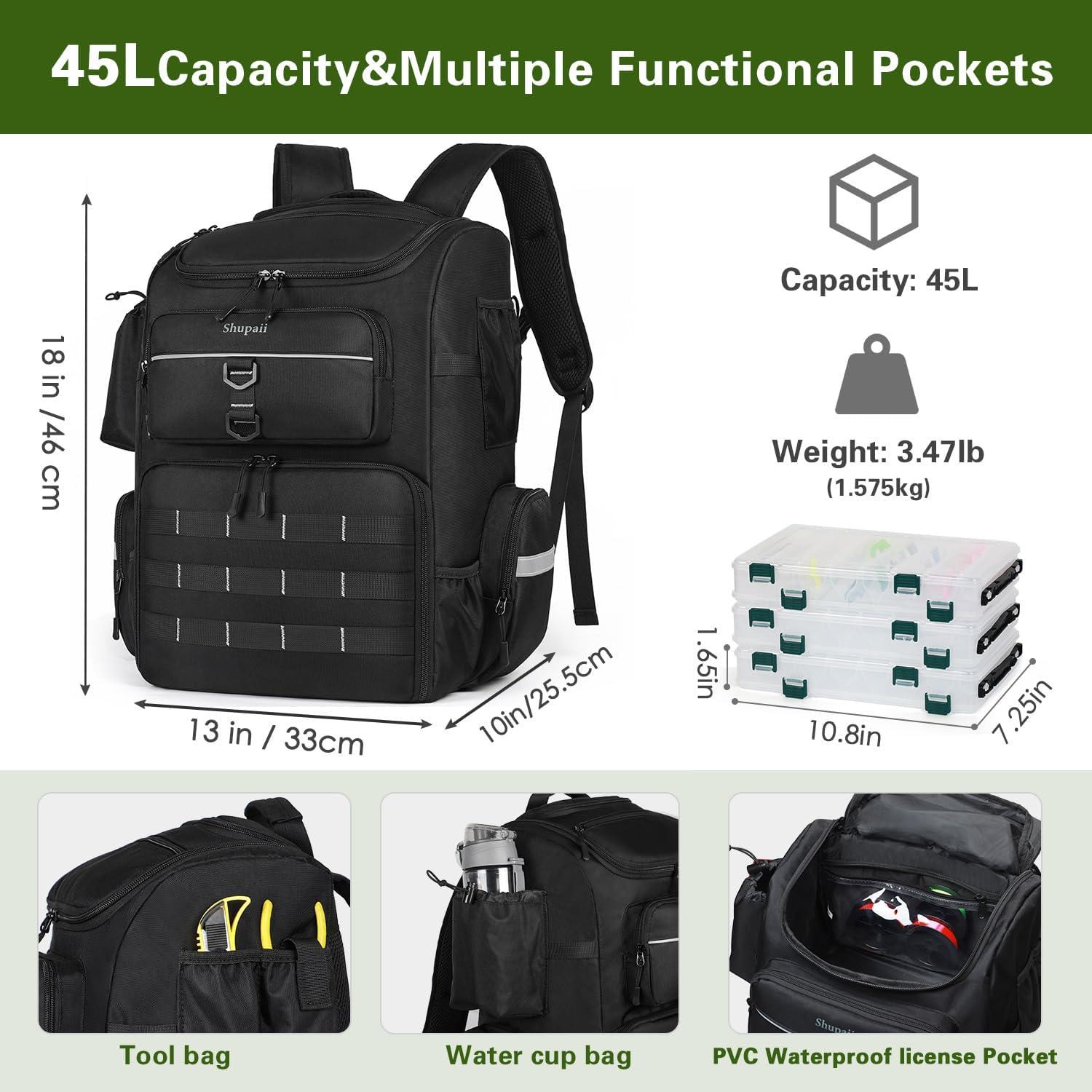 Mochila de Pesca Impermeable Shupaii 45L con Soportes para Cañas