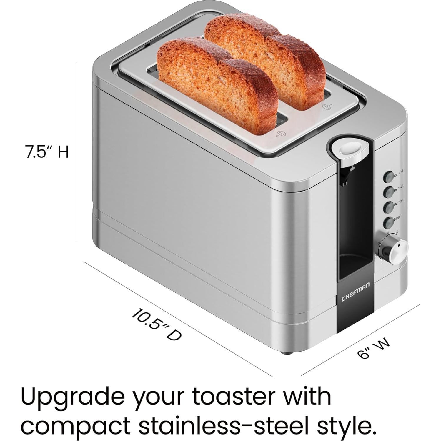 Tostadora Chefman 2 Rebanadas Acero Inoxidable 850W Plata