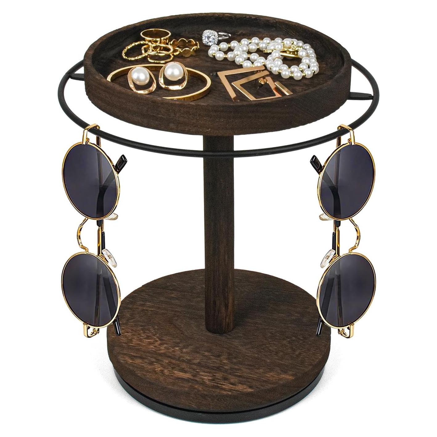 Sunglasses Organizer 360° Rotating Eyeglass Holder Stand with Wood Tray and Base, Eye Glass Display Rack for Multiple Sunglass Storage for Table Dresser Nightstand Desk