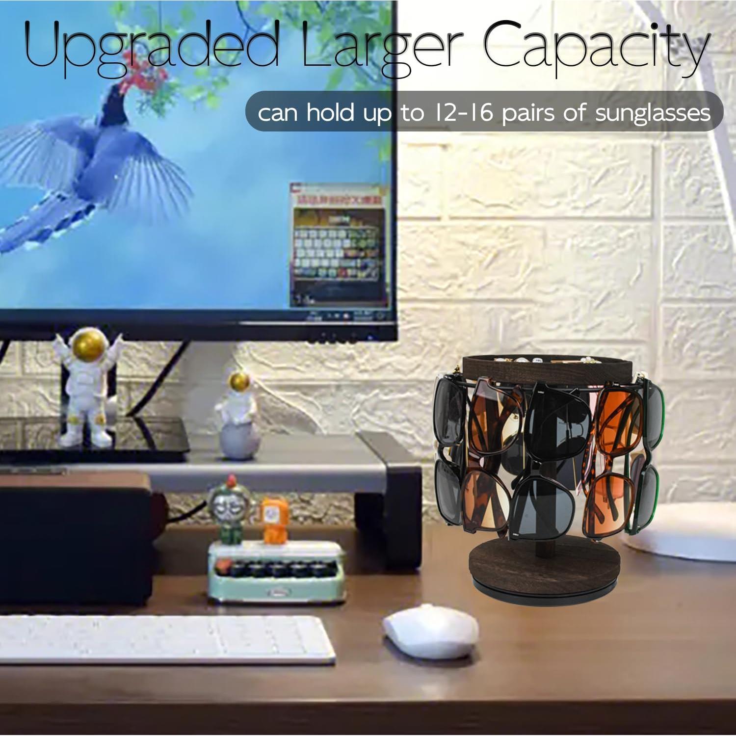 Sunglasses Organizer 360° Rotating Eyeglass Holder Stand with Wood Tray and Base, Eye Glass Display Rack for Multiple Sunglass Storage for Table Dresser Nightstand Desk