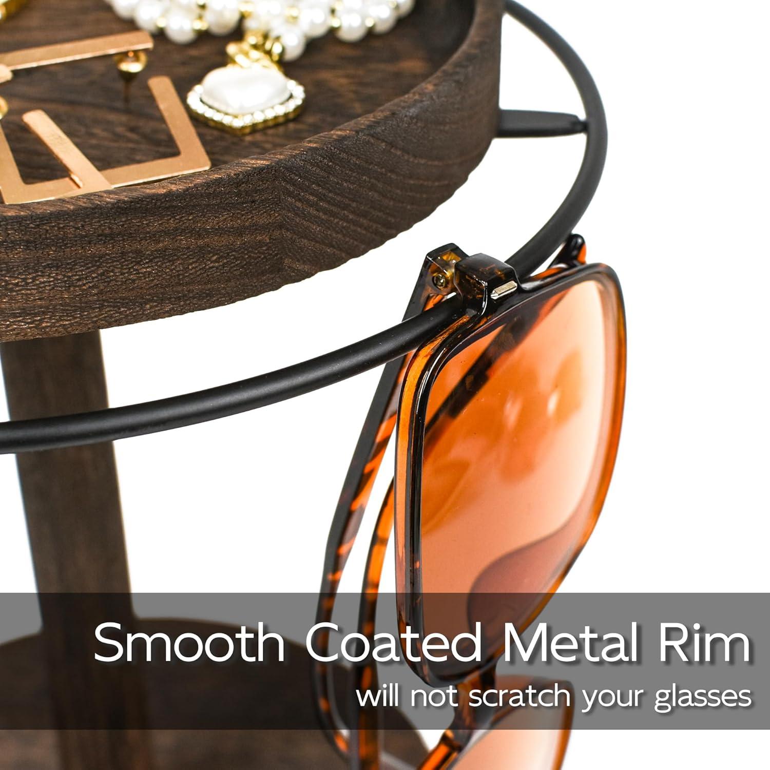 Sunglasses Organizer 360° Rotating Eyeglass Holder Stand with Wood Tray and Base, Eye Glass Display Rack for Multiple Sunglass Storage for Table Dresser Nightstand Desk