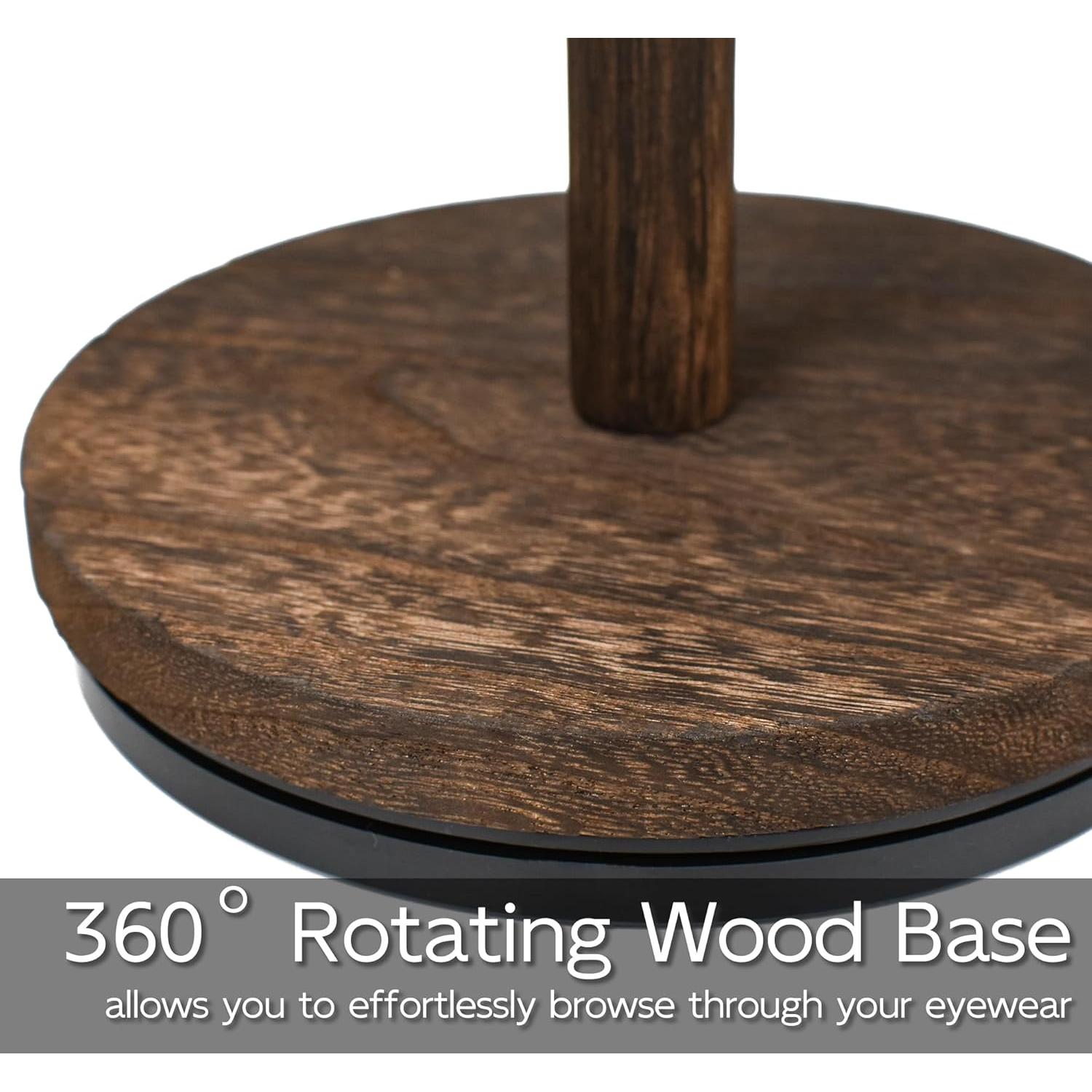 Sunglasses Organizer 360° Rotating Eyeglass Holder Stand with Wood Tray and Base, Eye Glass Display Rack for Multiple Sunglass Storage for Table Dresser Nightstand Desk