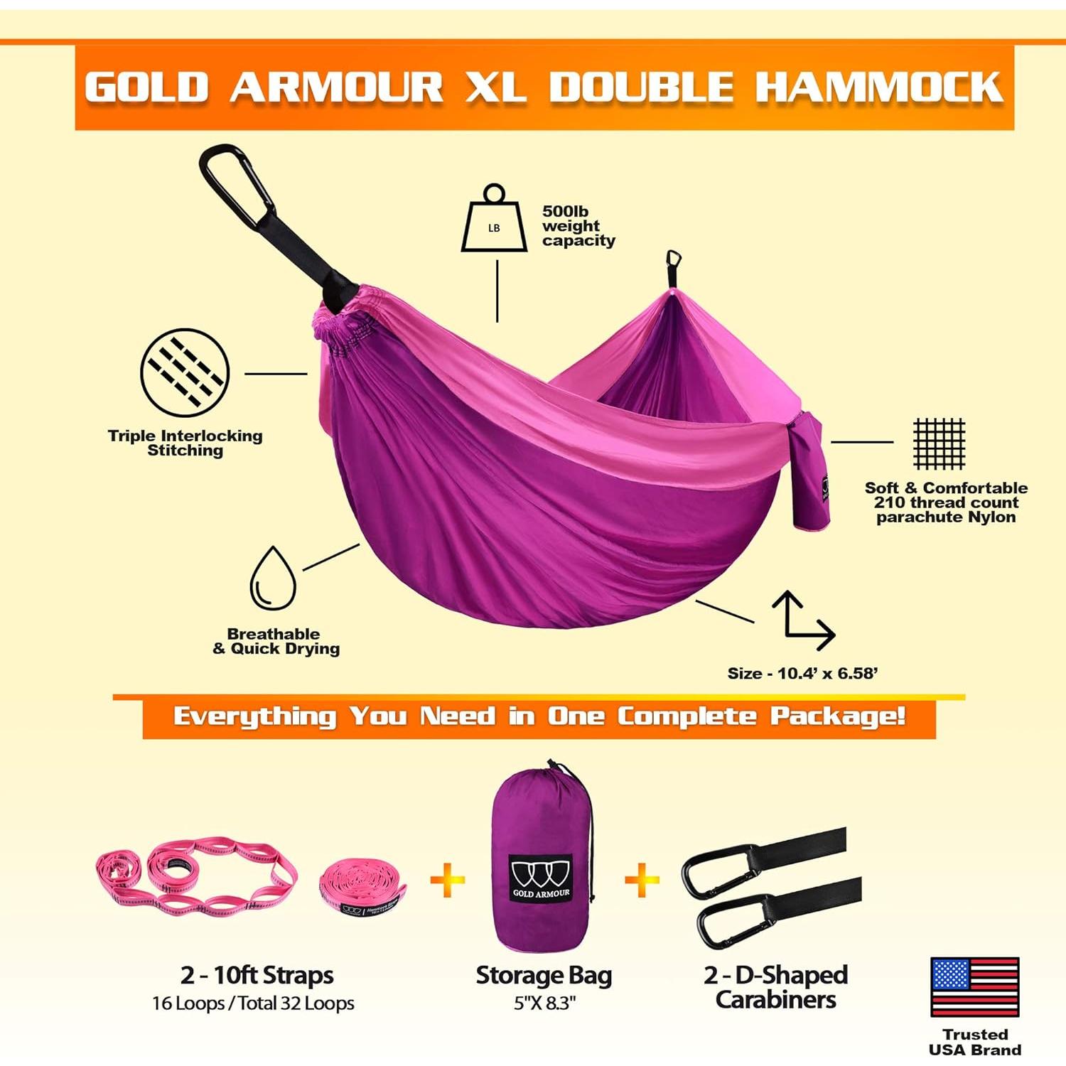 Hamaca Doble XL Gold Armour 3.81m x 2.01m Fucsia/Rosa