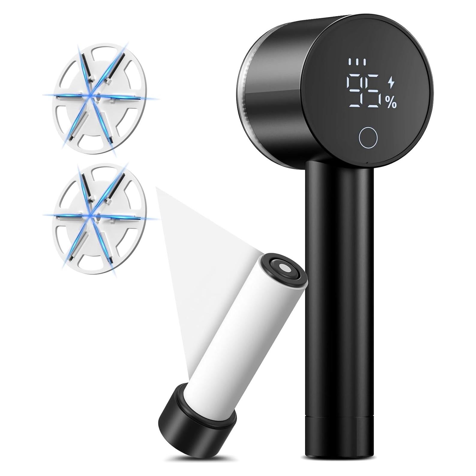 Fabric Shaver Electric Fuzz Remover, 2 in 1 Rechargeable Sweater Shaver with Lint Roller, Magnetic Cap, Digital Display, 2 Extra Blades, Defuzzer for Clothing Furniture Couch - Black