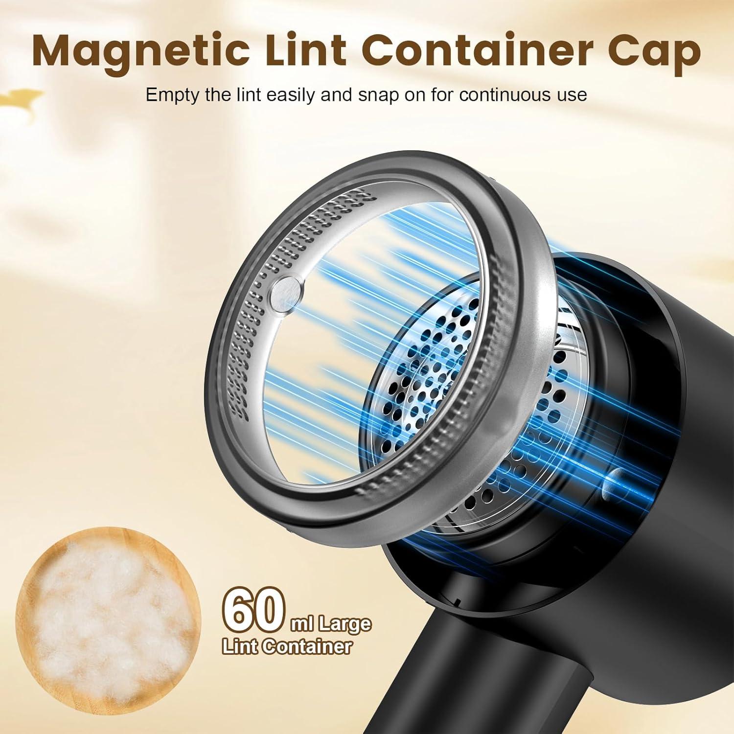 Fabric Shaver Electric Fuzz Remover, 2 in 1 Rechargeable Sweater Shaver with Lint Roller, Magnetic Cap, Digital Display, 2 Extra Blades, Defuzzer for Clothing Furniture Couch - Black