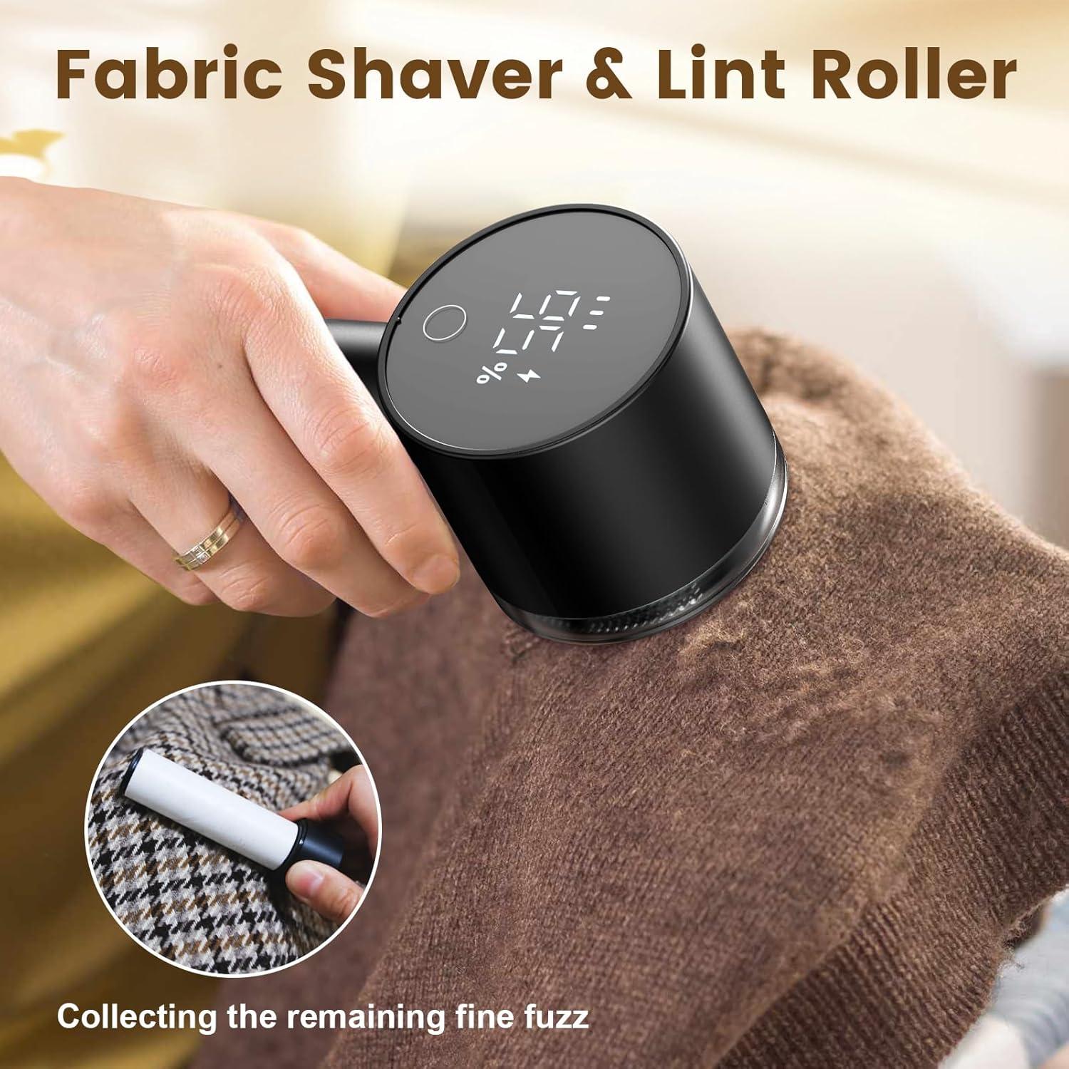 Fabric Shaver Electric Fuzz Remover, 2 in 1 Rechargeable Sweater Shaver with Lint Roller, Magnetic Cap, Digital Display, 2 Extra Blades, Defuzzer for Clothing Furniture Couch - Black