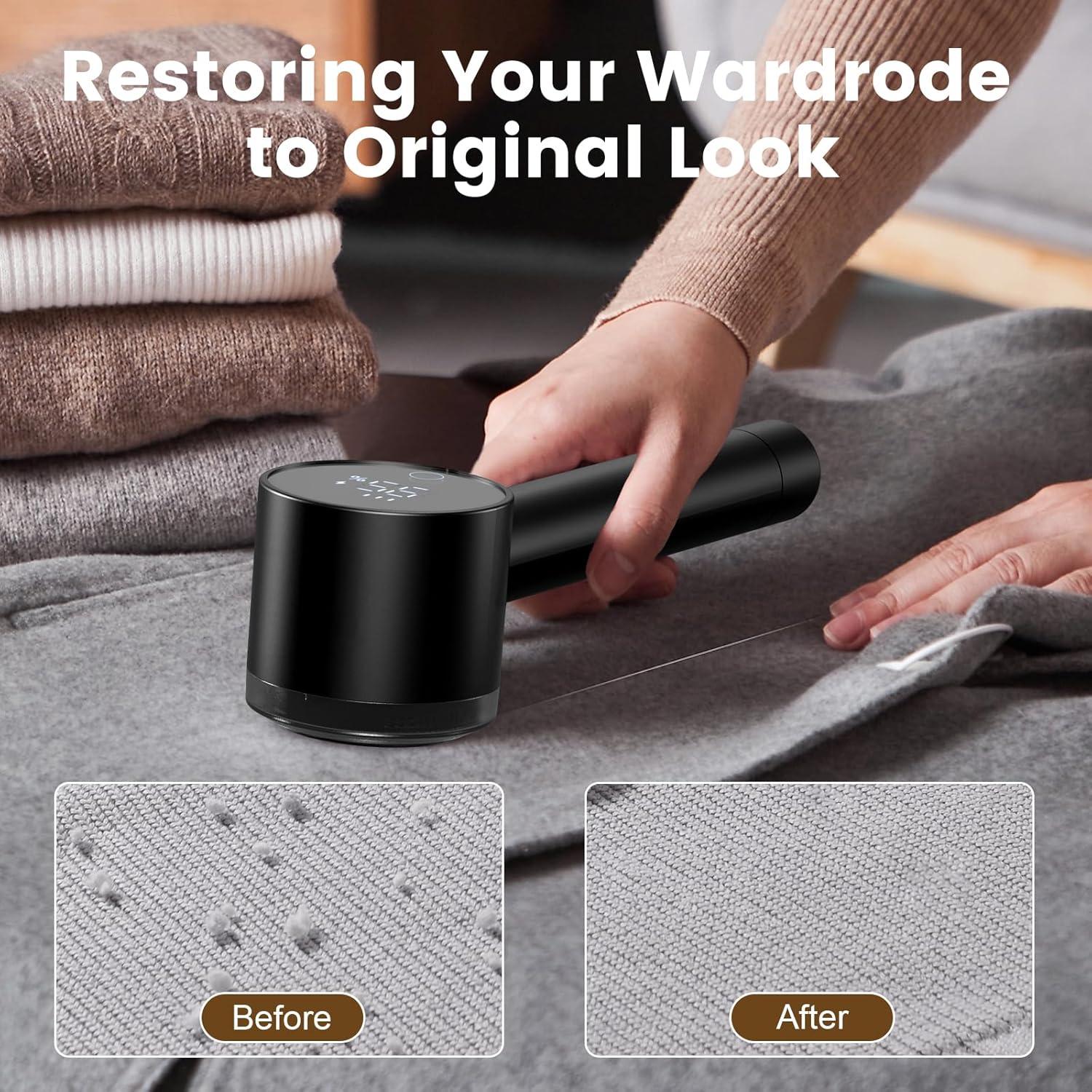 Fabric Shaver Electric Fuzz Remover, 2 in 1 Rechargeable Sweater Shaver with Lint Roller, Magnetic Cap, Digital Display, 2 Extra Blades, Defuzzer for Clothing Furniture Couch - Black