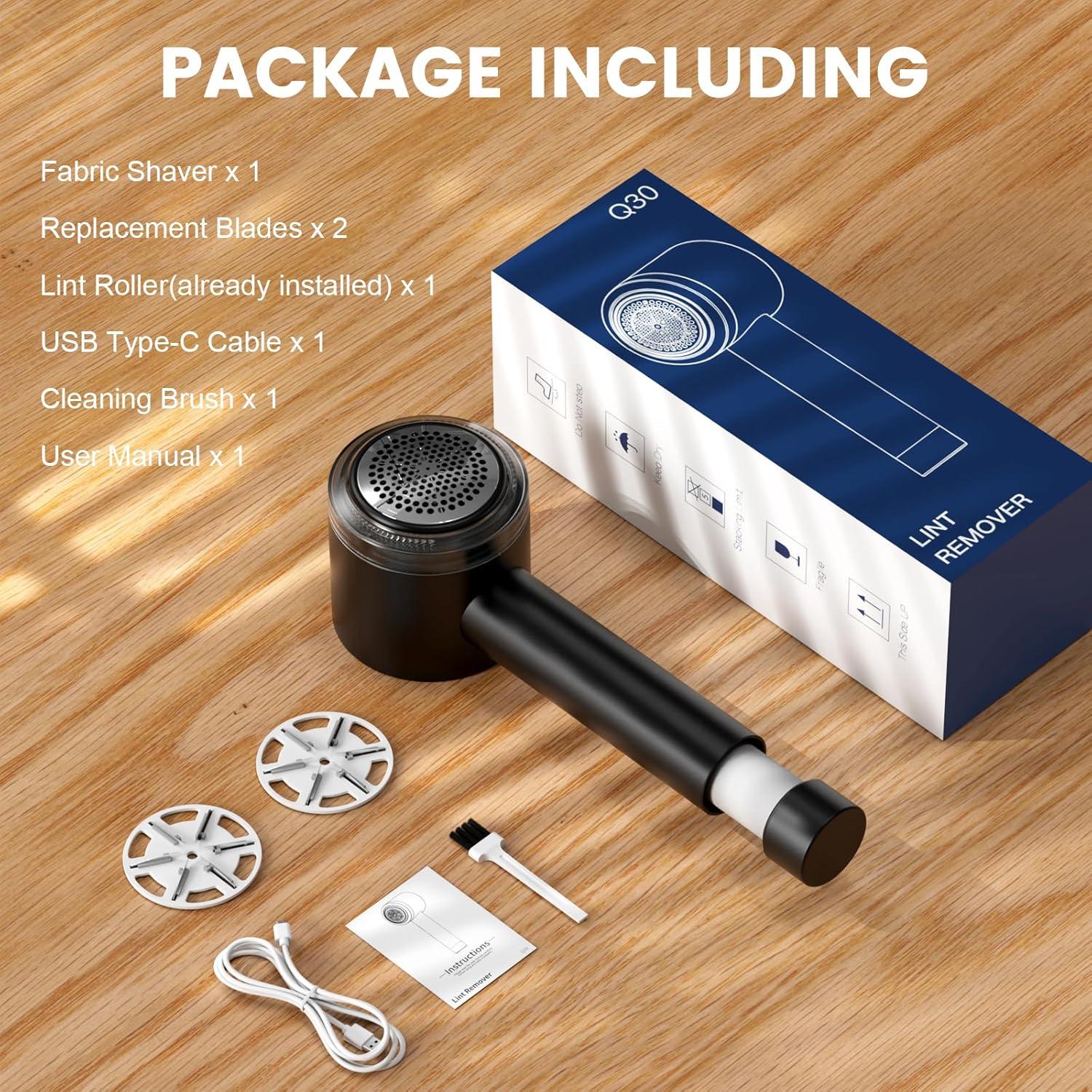 Fabric Shaver Electric Fuzz Remover, 2 in 1 Rechargeable Sweater Shaver with Lint Roller, Magnetic Cap, Digital Display, 2 Extra Blades, Defuzzer for Clothing Furniture Couch - Black