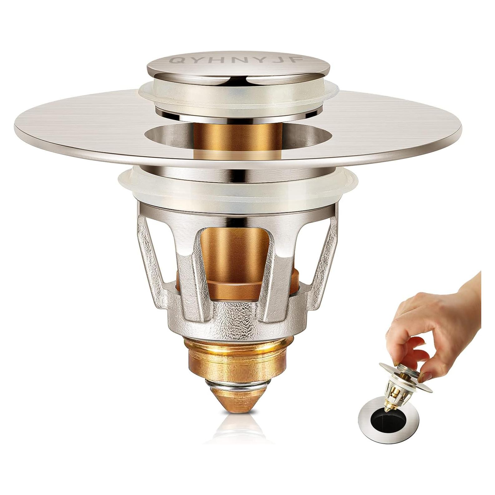 Tapón de Lavabo Universal QYHNYJF Niquelado Cepillado 2 en 1