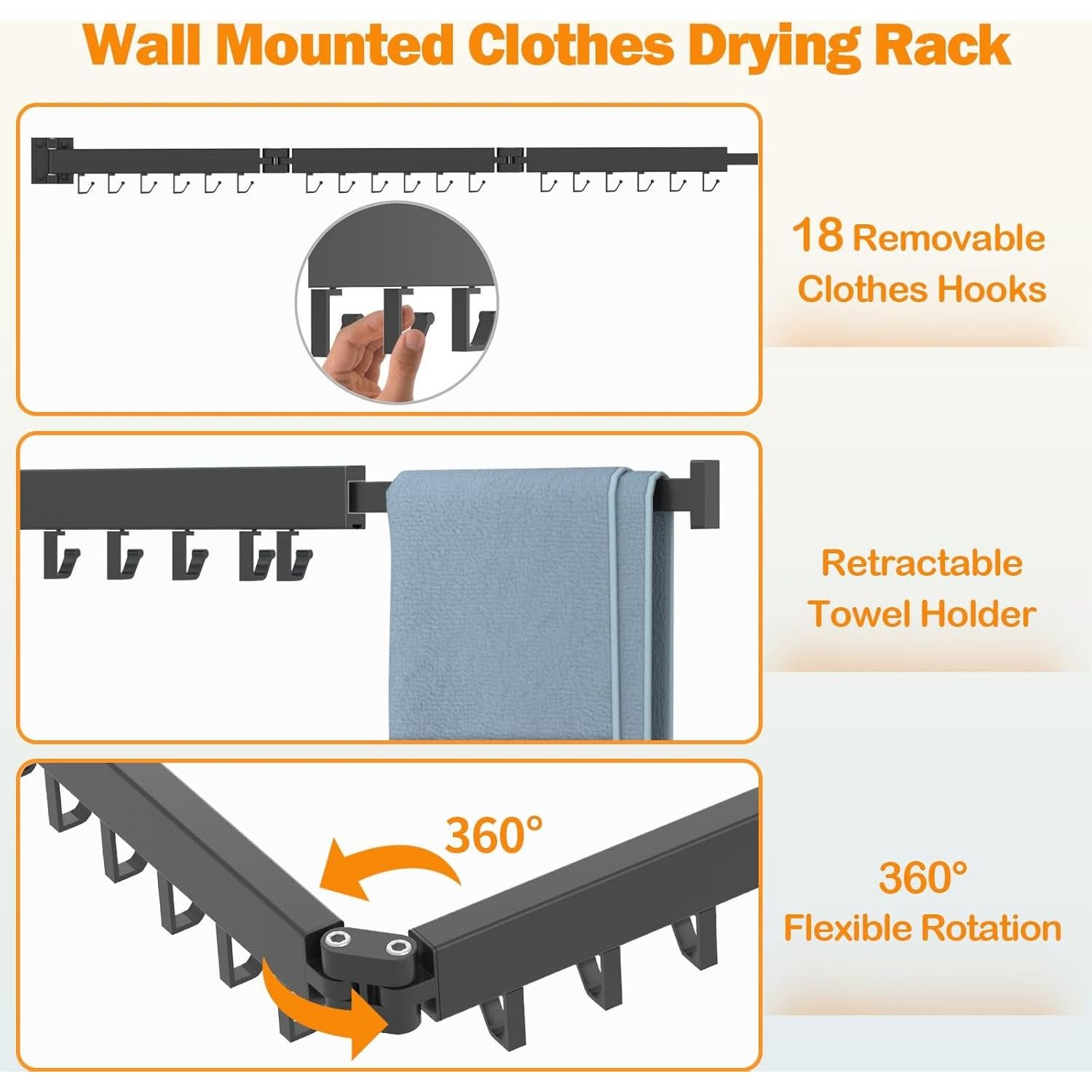 Soporte de Ropa Plegable Montado en Pared Kelisiting - Negro